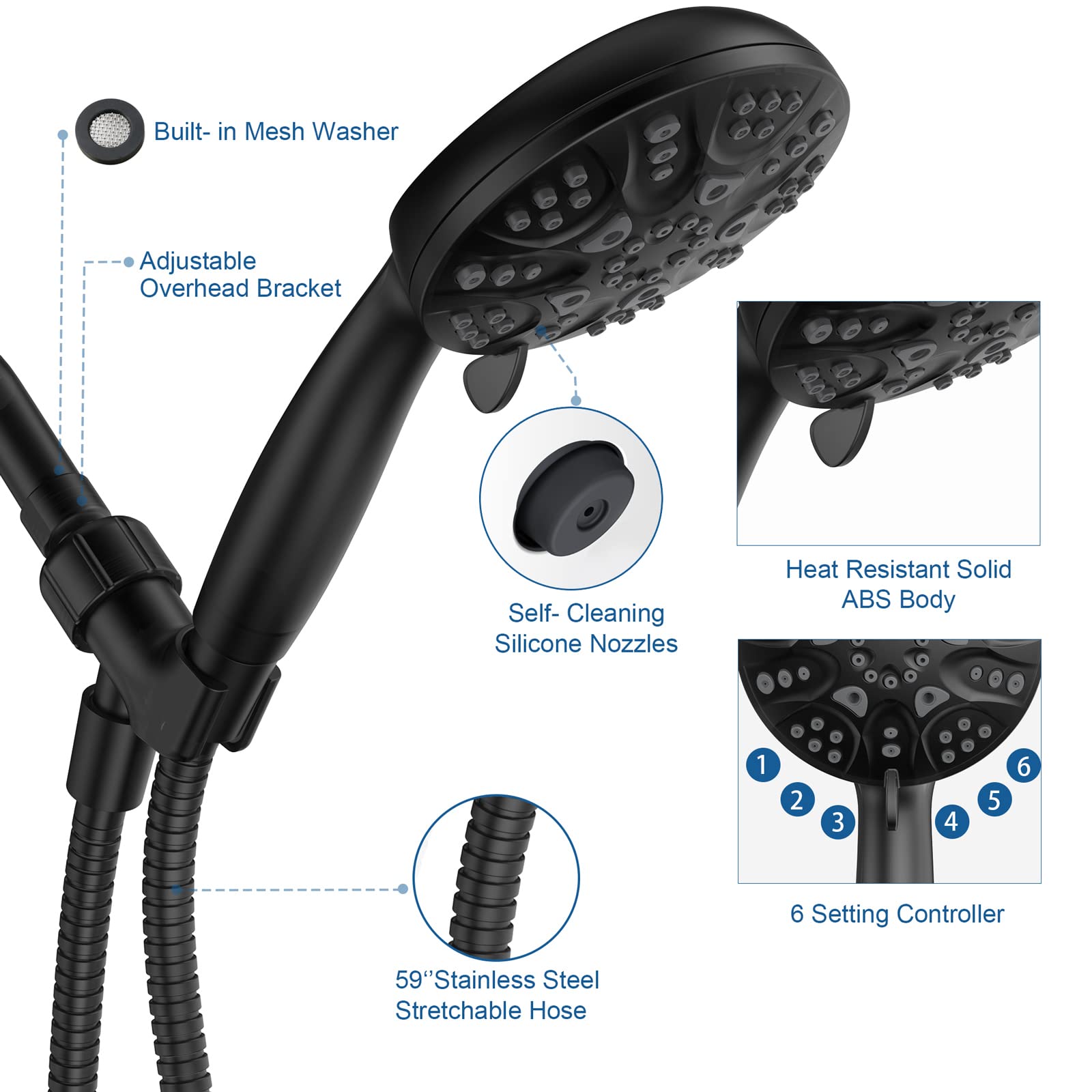 HOPOPRO 6 Functions Handheld Shower Head Set, High Flow Bathroom Shower