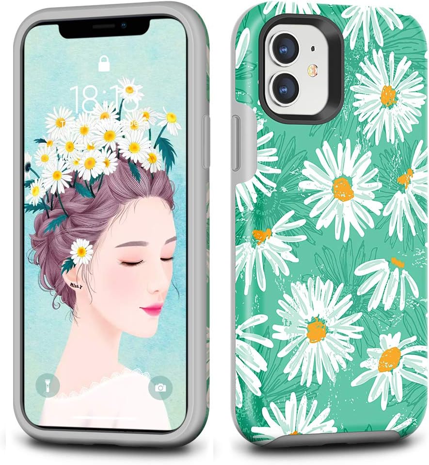 CAFEWICH for iPhone 11 Phone Case (6.1''), Hybrid Rubber Rugged Bumper Shockproof Protective Unique Flowers Pattern Hard Cover for Women Girls for iPhone 11 (Daisy)