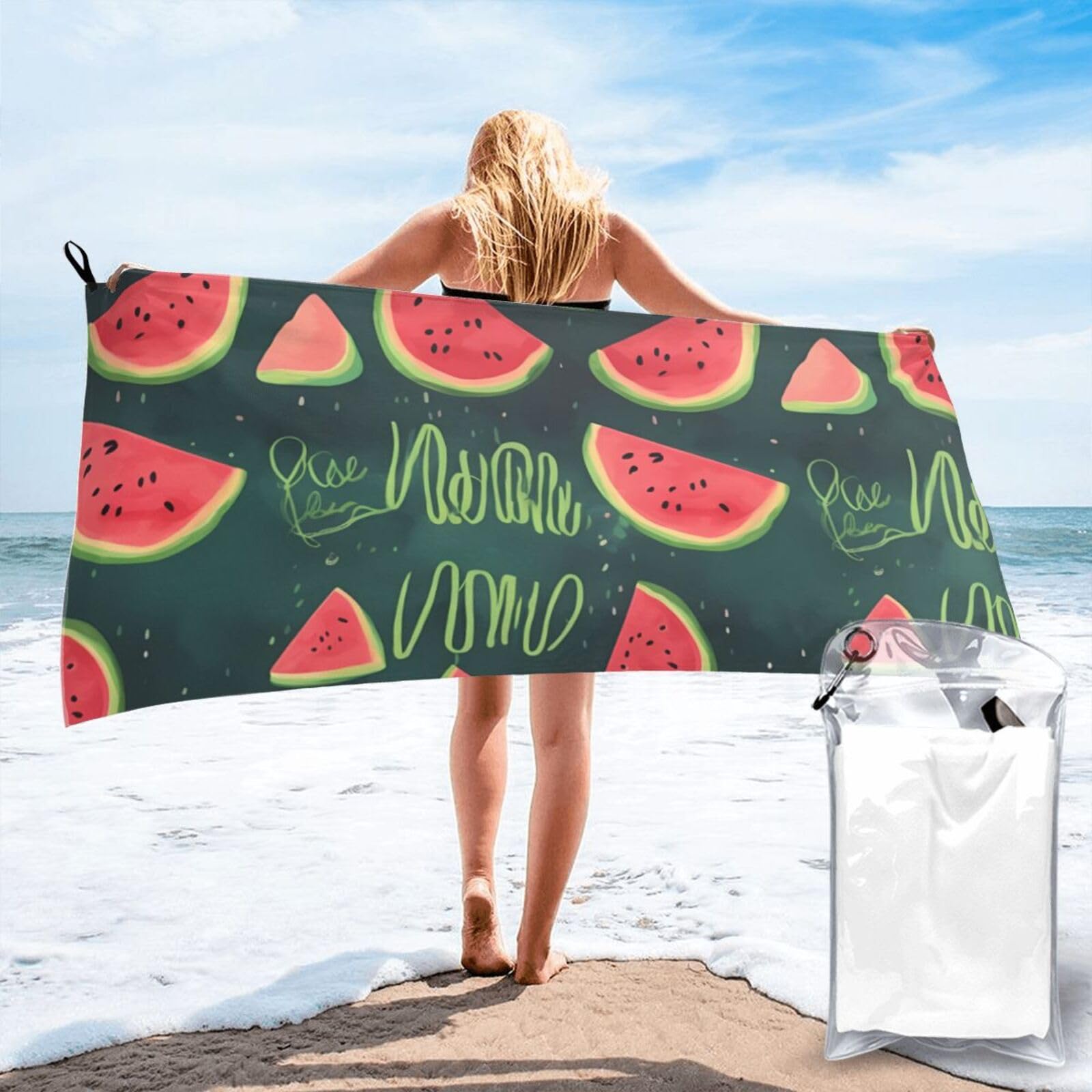 DWVTSLH Microfiber Sand Free Beach Towel 31.5"x63", Quick Dry Absorbent Travel Towel Large Camping Blanket, One in a Melon Bath Towels Lightweight Pool Swim Towels for Vacation Essentials