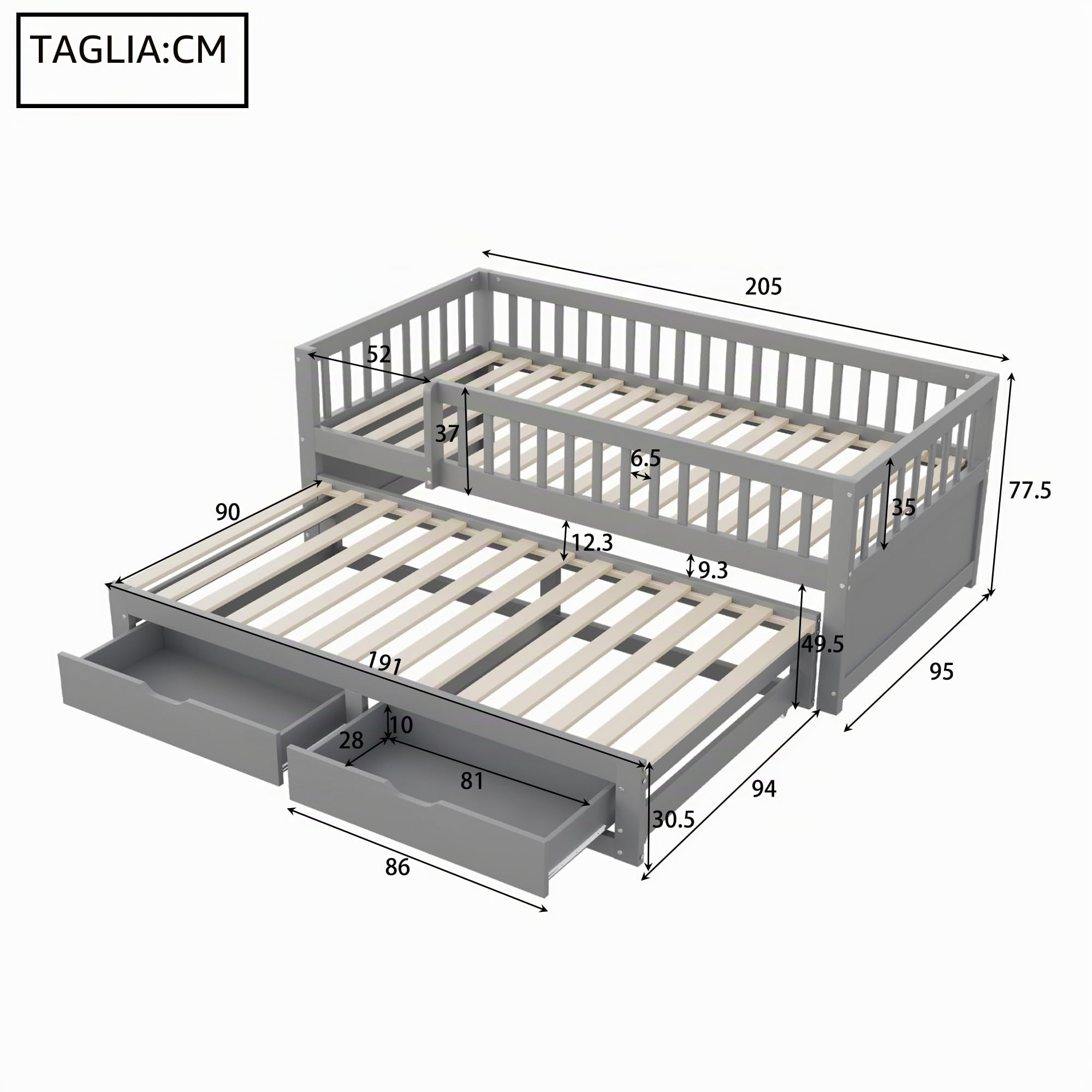 Kebnor Divano letto in legno massiccio, rete di sicurezza completamente rivestita, letto estraibile con 2 cassetti sottostanti, con rete a doghe, lettino per ragazzi e adulti (grigio, 90 x 200 cm)