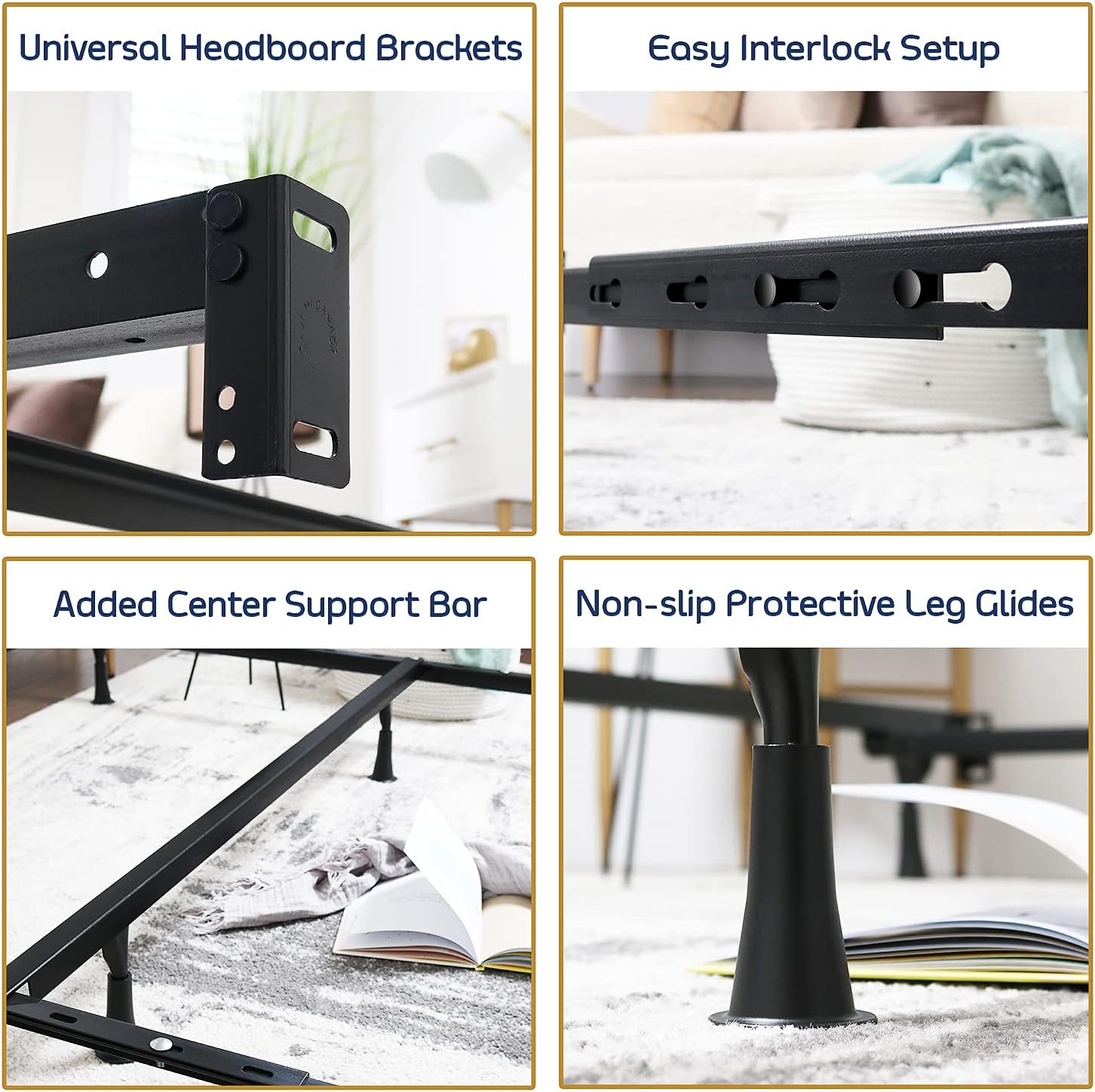 Clara Clark Adjustable Bed Rails - Metal Bed Frame with Center Support Leg - 5.25' H Low, Expands from Twin to Full, Black