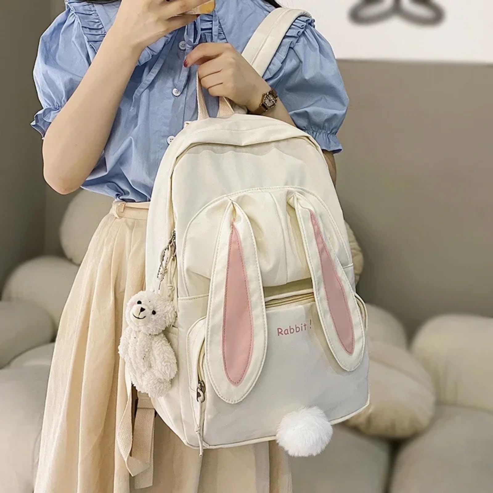 Mochila Linda De Nylon Oreja Conejo, Escolar Dibujos Animados Gran Capacidad Kawaii para El Uso Diario Viajes Las Niñas-Blue