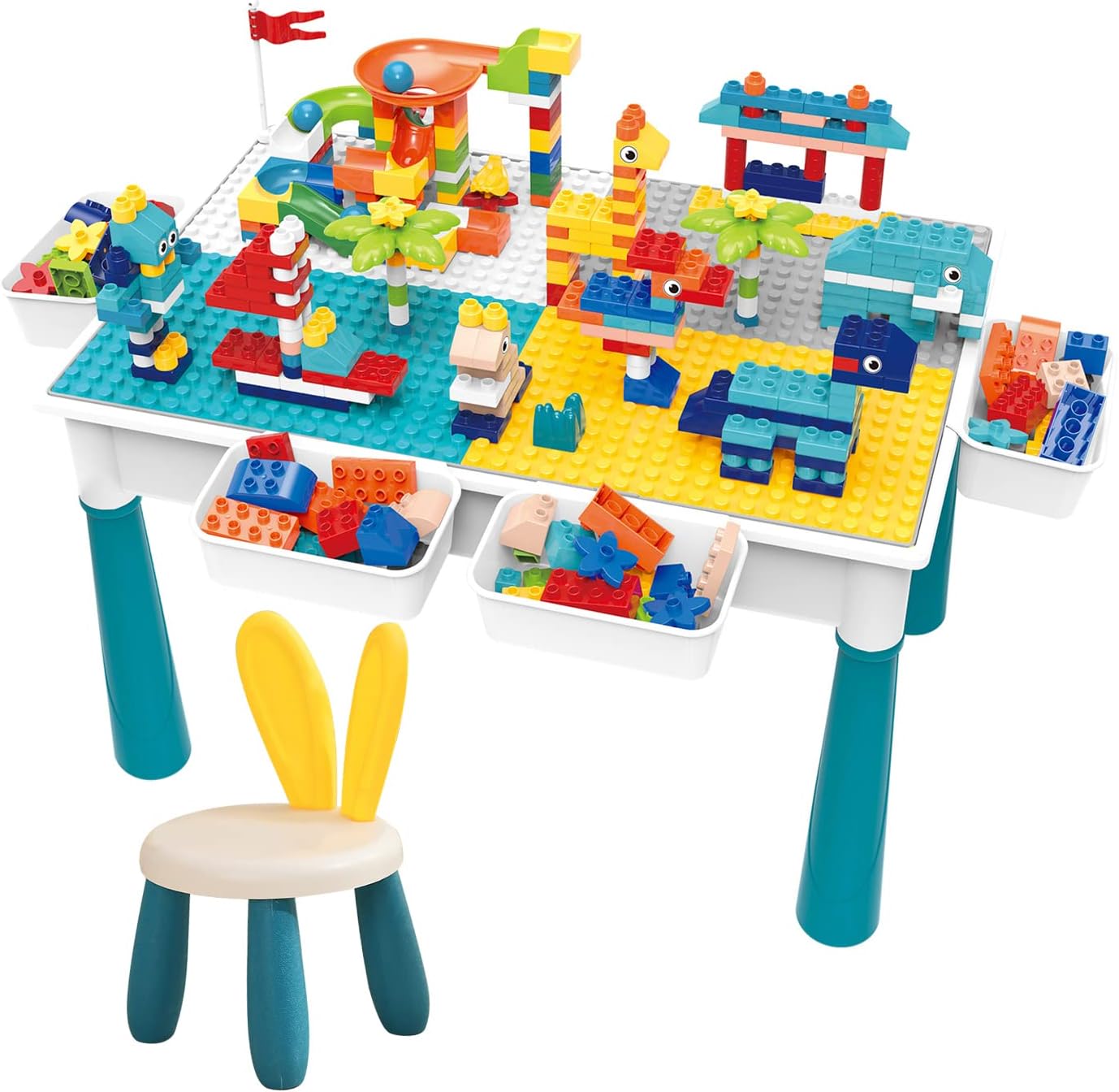 Building Block Table Kids Activity Table, 7-in-1 Kids Table Chair Set with 4 Storage Box Adjustable Legs,105 Pcs Building Block Compatible Bricks Toy Dining Play Learning Water Sand Table for Toddlers