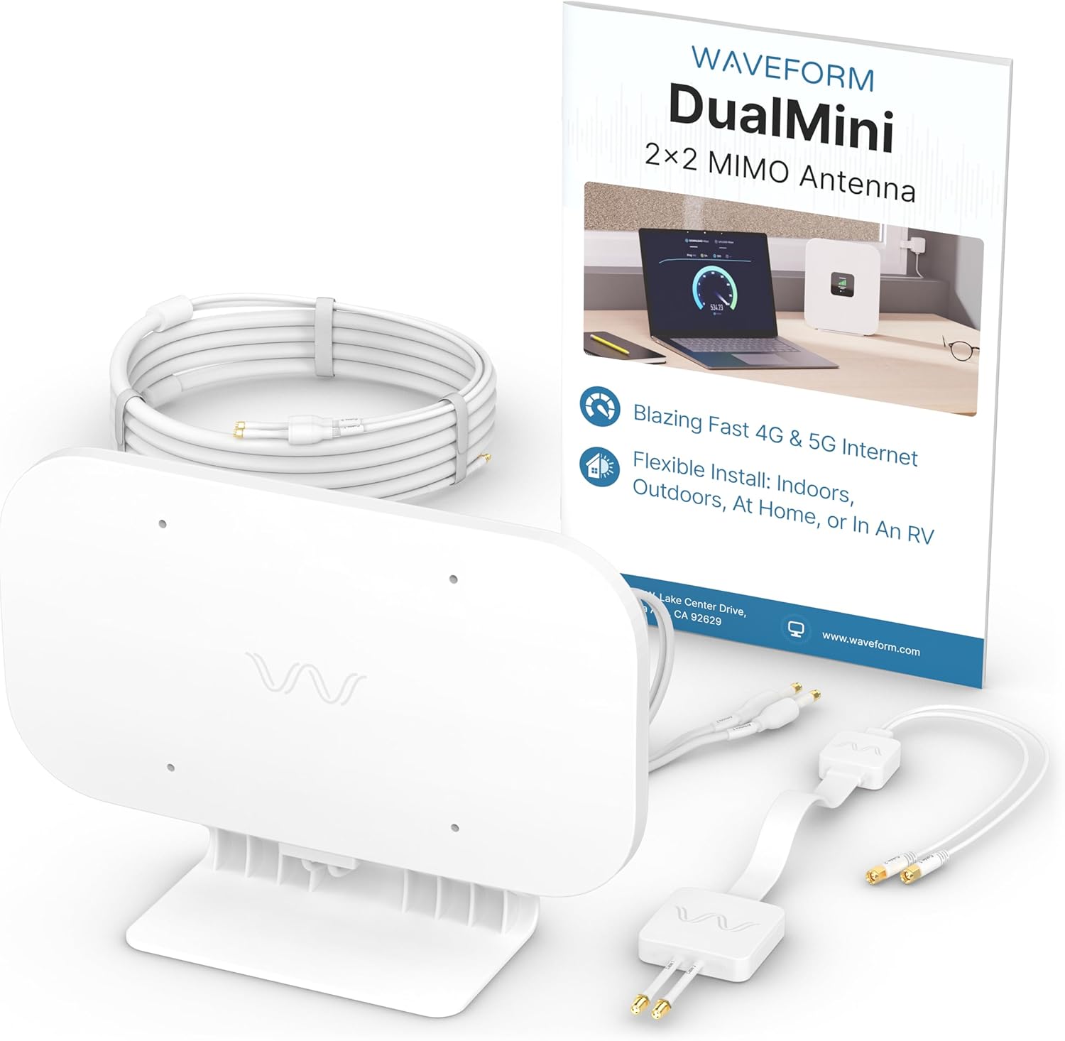 Waveform DualMini 2x2 MIMO Antenna Kit components including the antenna, cables, and user manual.