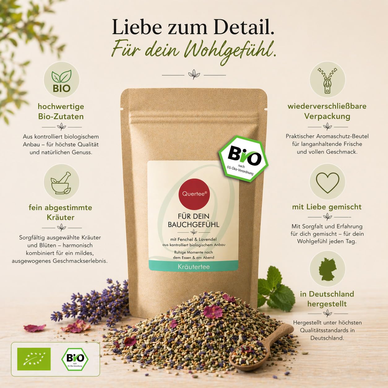 Bio Kräutertee „Für dein Bauchgefühl" Fenchel Pfefferminze Lavendel 1000 g | Quertee • Bio Kräutertee • Mild & Harmonisch • Ideal nach dem Essen & am Abend • Loser Tee
