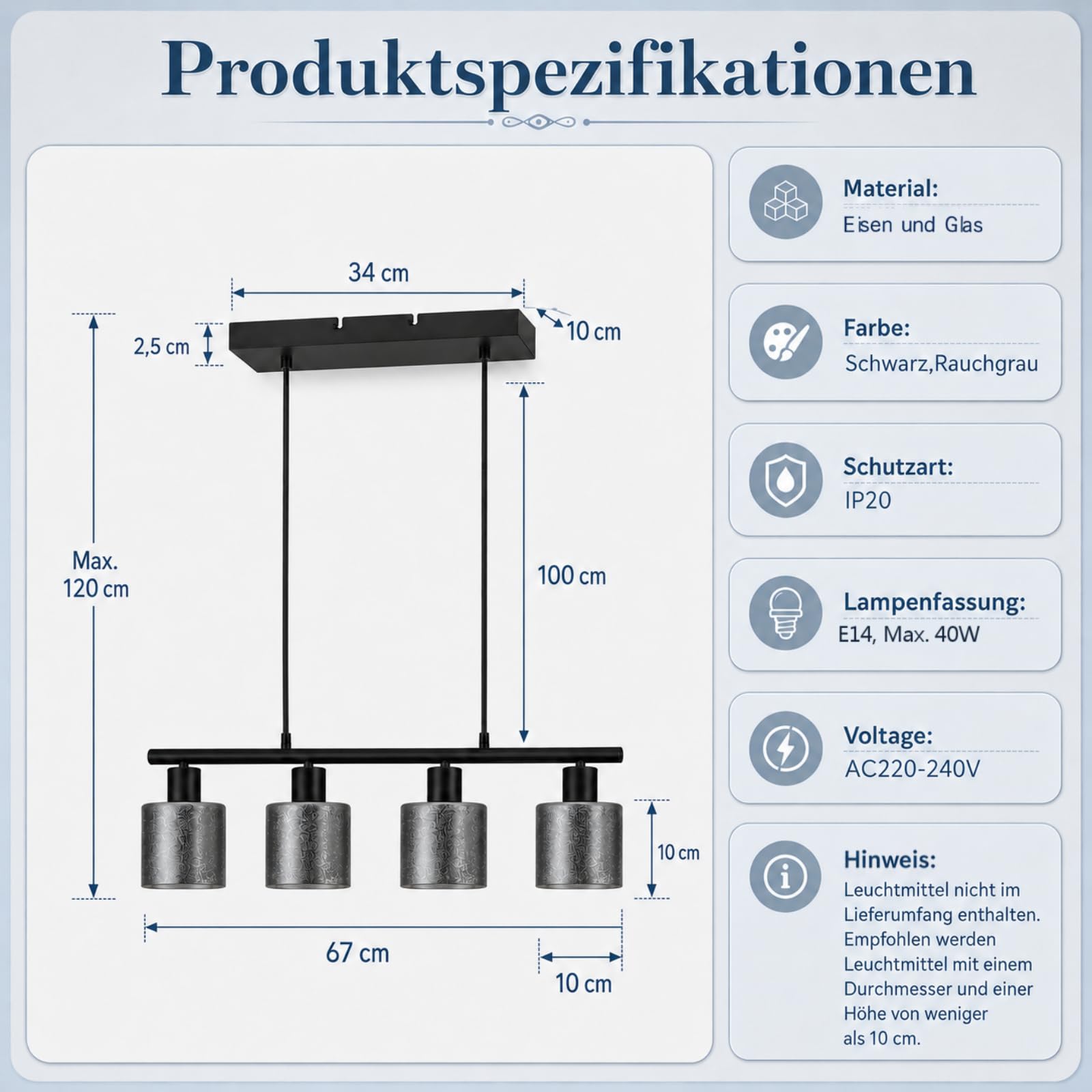 Zedelmaier Hängelampe Pendelleuchte Esstisch 4-flammig E14 Fassung Max.40w