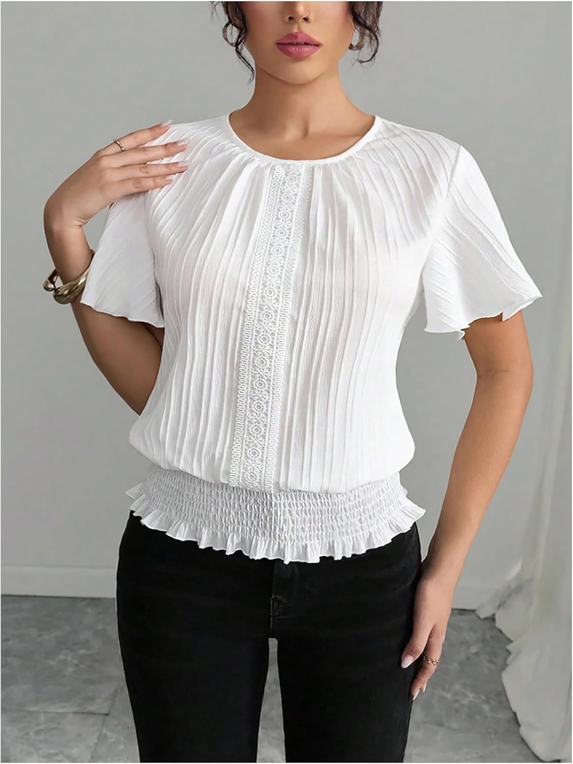 Floerns Women's Dressy Casual Short Sleeve Blouse Tops Textured Crewneck Work Shirts - Image 5