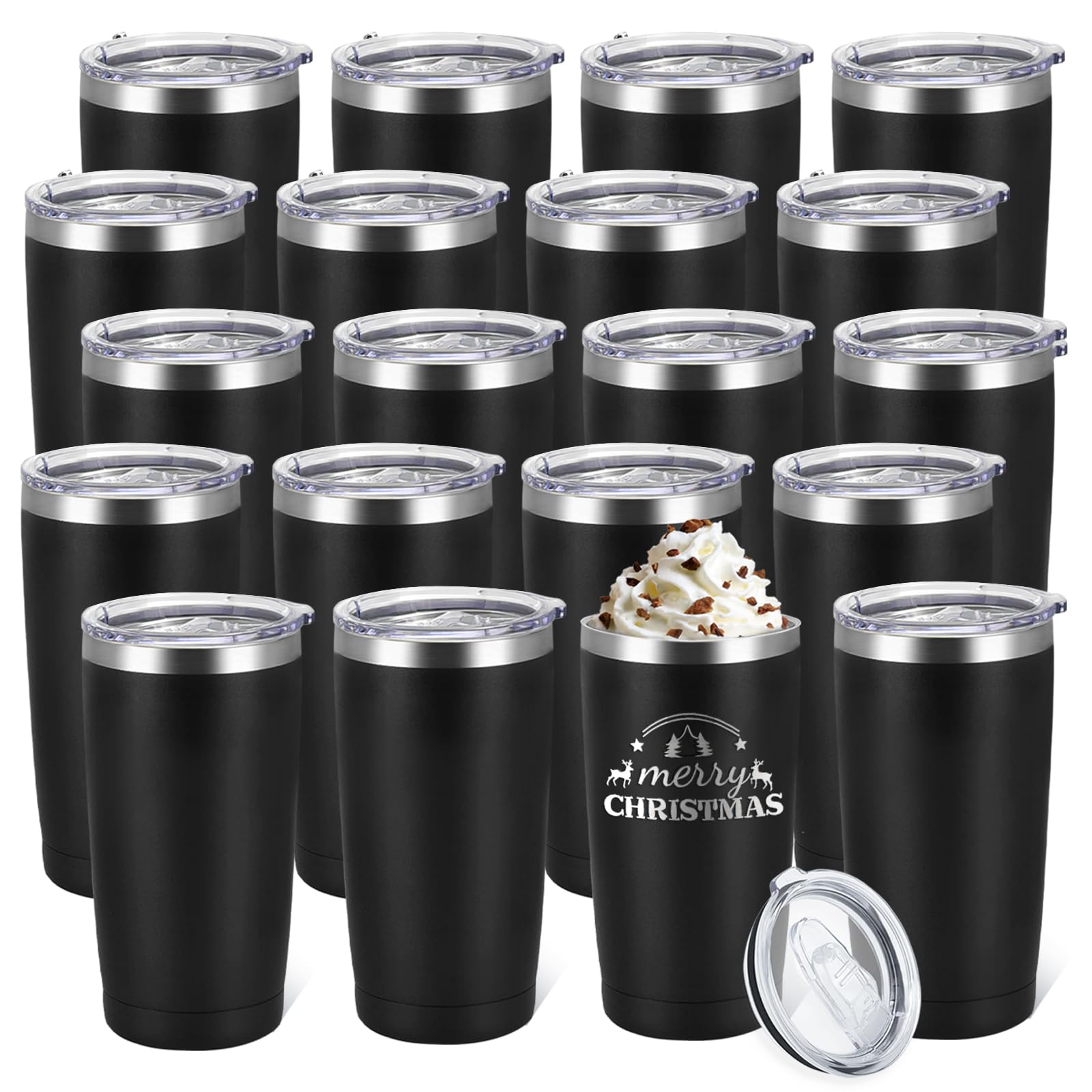 YOUKE OLA 20 Stück Edelstahlbecher, isoliert, Vakuum-Reisebecher, pulverbeschichtet, Kaffeebecher, Geschenk für Lasergravur, 590 ml, Schwarz