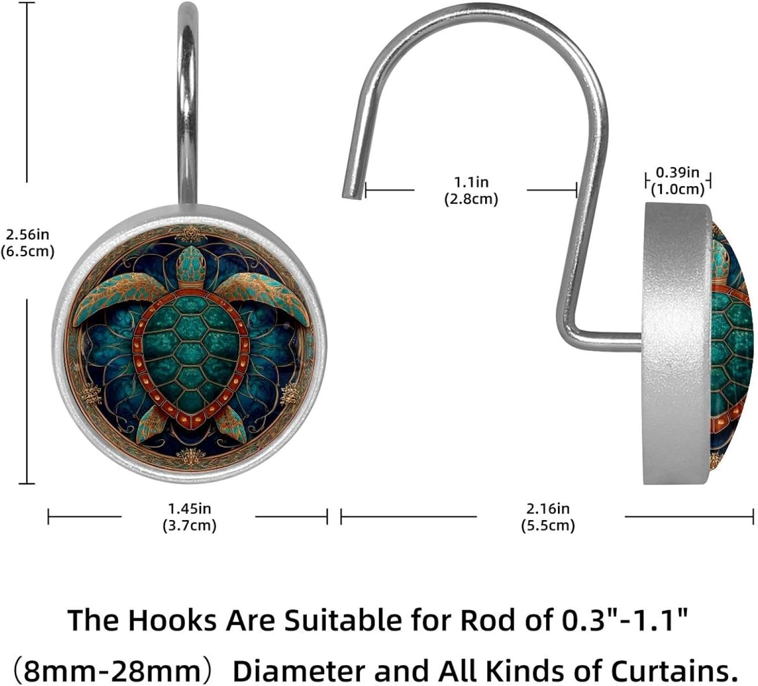 Sea Turtle Mandala Shower Curtain Hooks, Rust Resistant Crystal Glass Shower Hooks for Bathroom, Glide Shower Rings for Shower Curtain,Liner,Rod-12 Pack