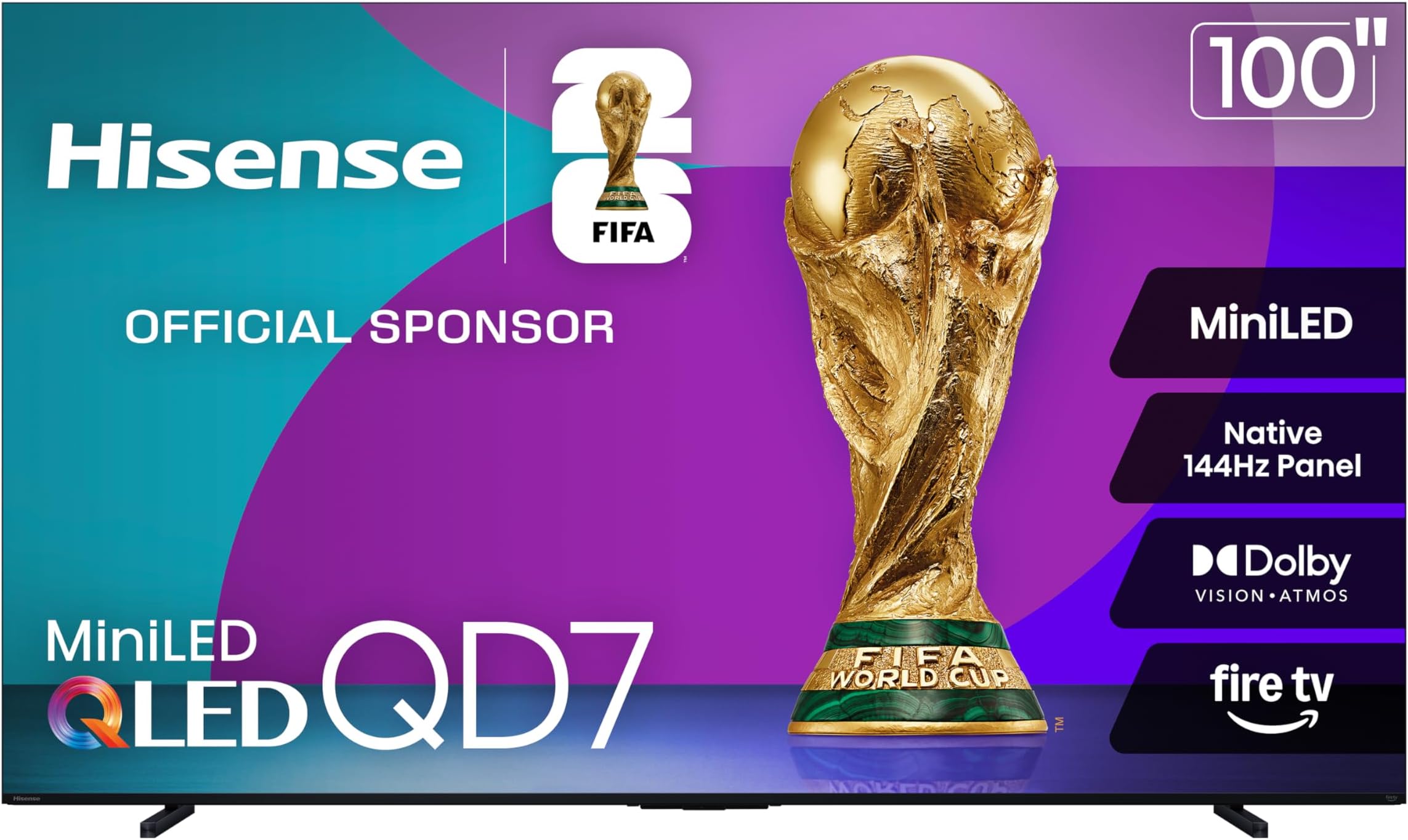 Hisense 100" Class QD7 Series Mini-LED 4K UHD Smart Fire TV (100QD7QF, 2025 Model) - QLED, 144hz, HDR10+, Dolby Vision, Dolby Atmos, Game Mode Pro, ALLM, Alexa Built in with Voice Remote, Black