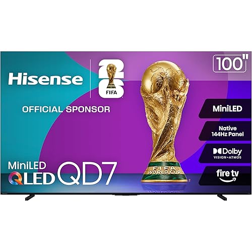 Hisense 100" Class QD7 Series Mini-LED 4K UHD Smart Fire TV (100QD7QF, 2025 Model) - QLED, 144hz, HDR10+, Dolby Vision, Dolby Atmos, Game Mode Pro, ALLM, Alexa Built in with Voice Remote, Black