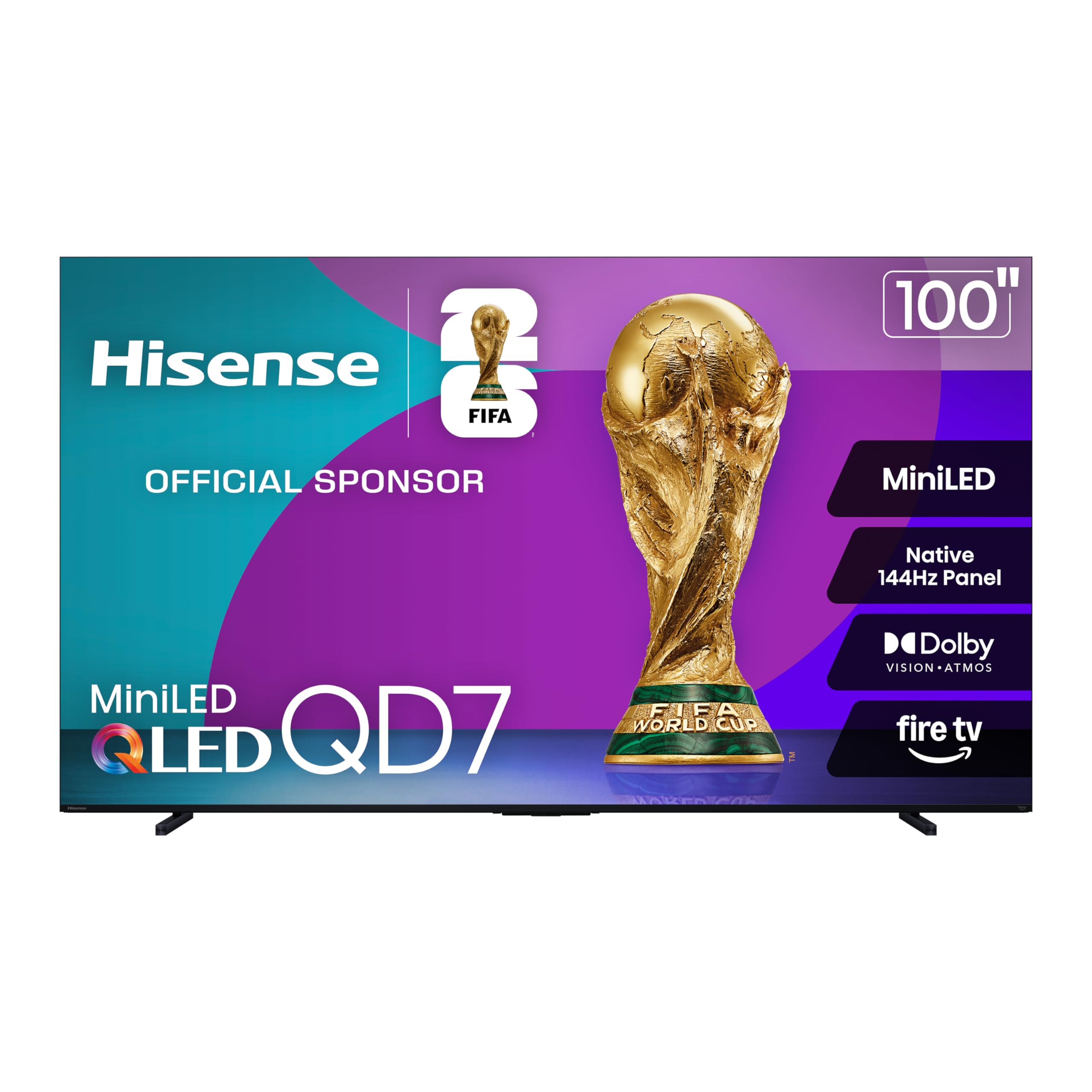 Hisense 100" Class QD7 Series Mini-LED 4K UHD Smart Fire TV (100QD7QF, 2025 Model) - QLED, 144hz, HDR10+, Dolby Vision, Dolby Atmos, Game Mode Pro, ALLM, Alexa Built in with Voice Remote, Black