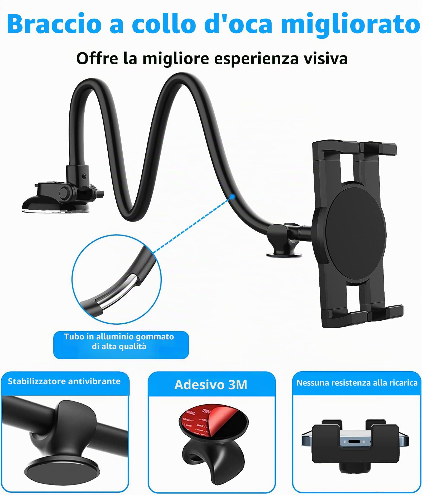 Porta Tablet Auto Forte Ventosa, Supporto Tablet Auto Cruscotto Parabrezza | Braccio Collo Oca da 34 cm - Supporto Macchina Anteriore per iPad Pro Air Mini, Galaxy Tab, Telefono, 4-13"