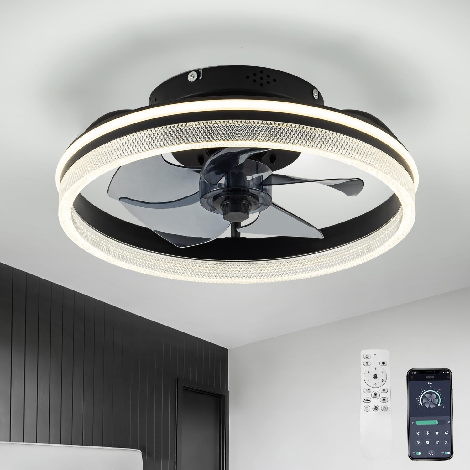 AOMOHK 18" Modern Ceiling Fans with Lights and Remote, Dimmable Ceiling Fan, Flush Mount Bladeless Bedroom Ceiling Fan, Stepless Color Temperature Change and 6 Speeds, Fan Light - Black