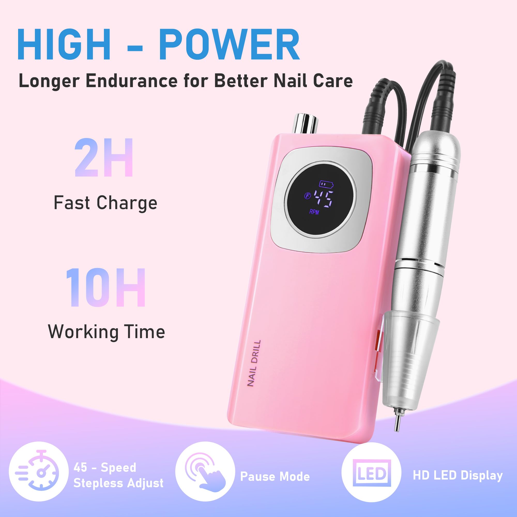 Trapano elettrico professionale per unghie, 45000 giri/min, ricaricabile, senza fili, kit di lima elettrica per unghie in gel acrilico, rimozione di lucidatura, silenzioso, con punte per