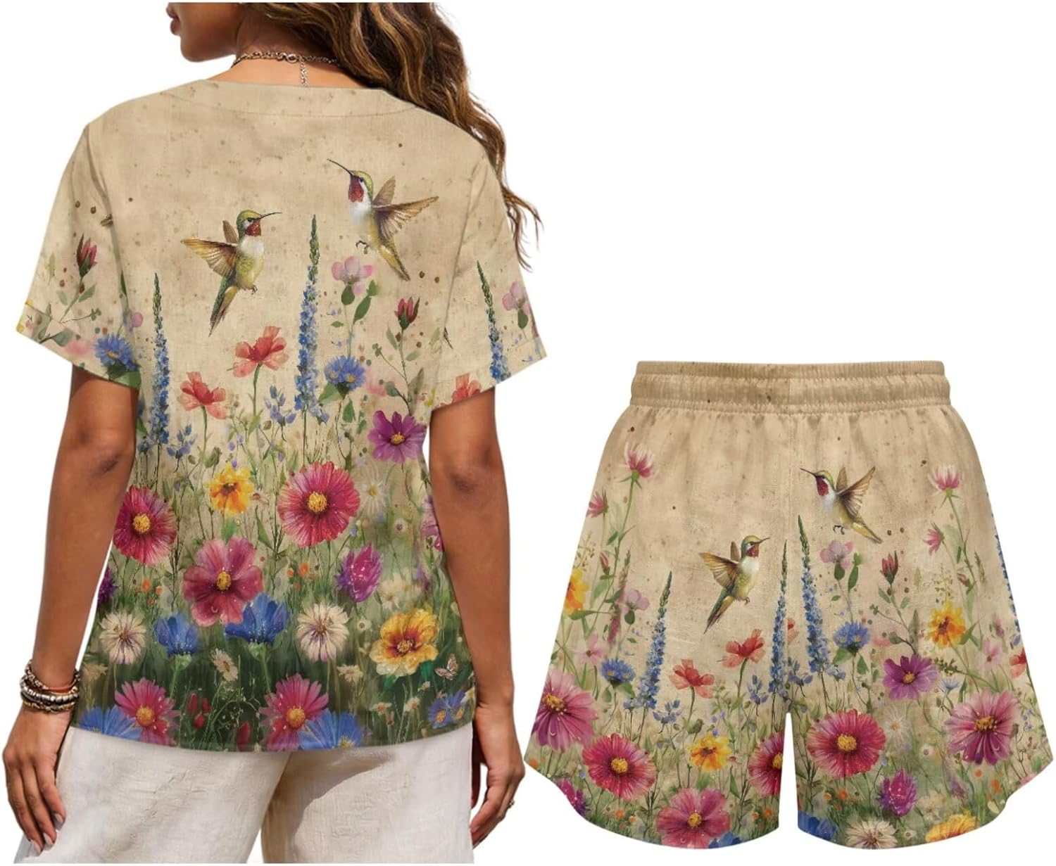 Womens 2 Piece Outfits Short Sleeve Tops and Elastic Waist Pants Travel Lounge Sets Plus Size Summer Linen Set