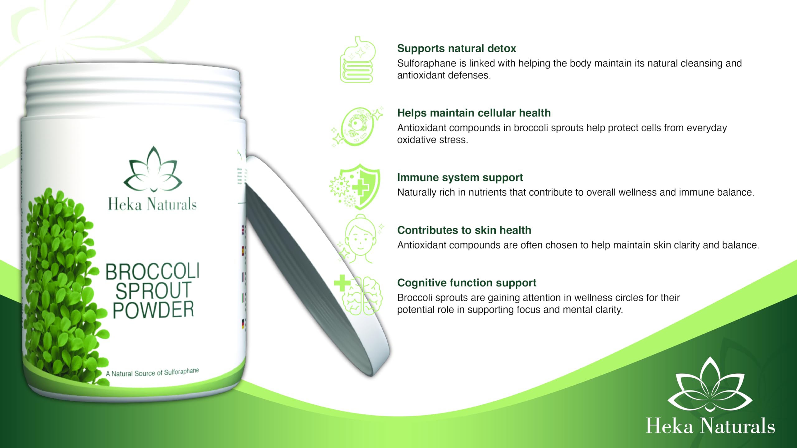 Heka Naturals Brote de brócoli en polvo, superalimento 100% puro de semillas germinadas, rico en sulforafano, vegano, sin OMG y libre de aditivos, 1000 g