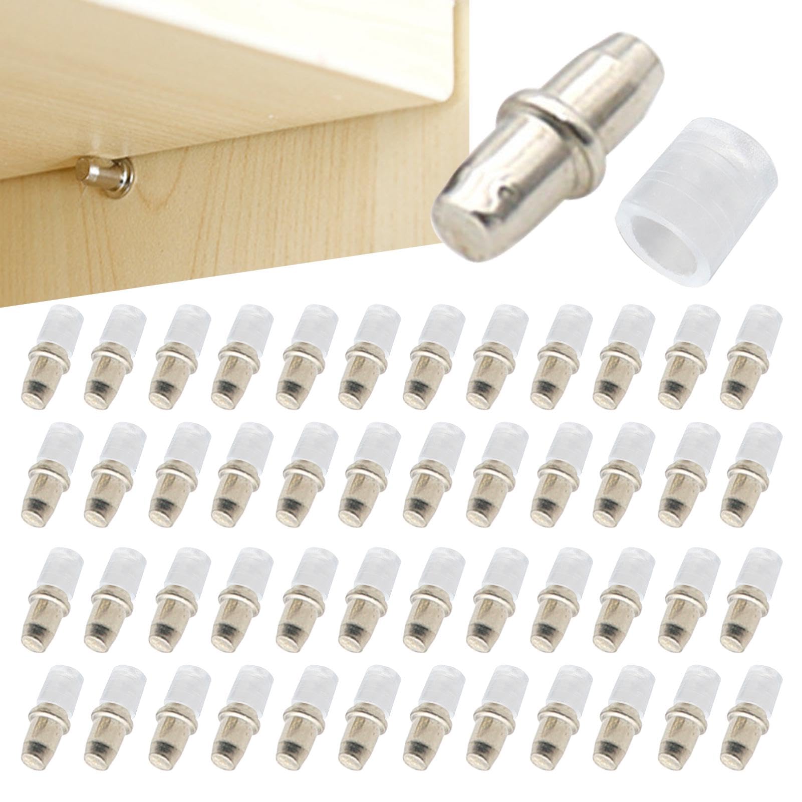50Pcs Shelf Support Pegs, 5mm Shelf Support Pegs Self-Tapping Screws Cabinet Laminate Support Shelf for Cabinets, Bookshelves, Display Cabinets, Wardrobes, Closets, Cupboards, Bookcases(Transparent)