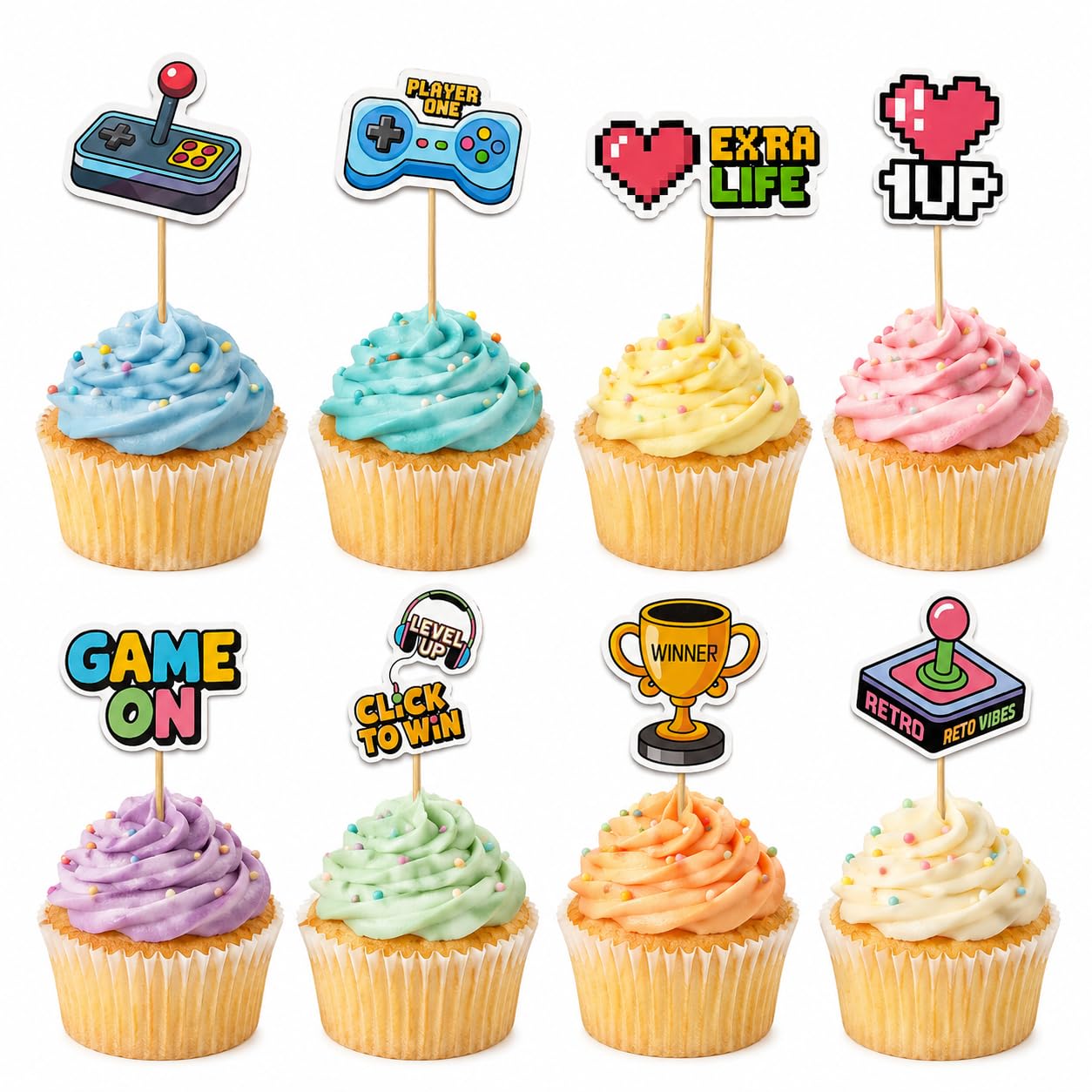 Arthsdite 24 Pcs Video Game Cupcake Toppers Gamer Birthday Cake Decorations Game Controller Arcade Joystick Trophy Heart Picks for Kids Party Supplies
