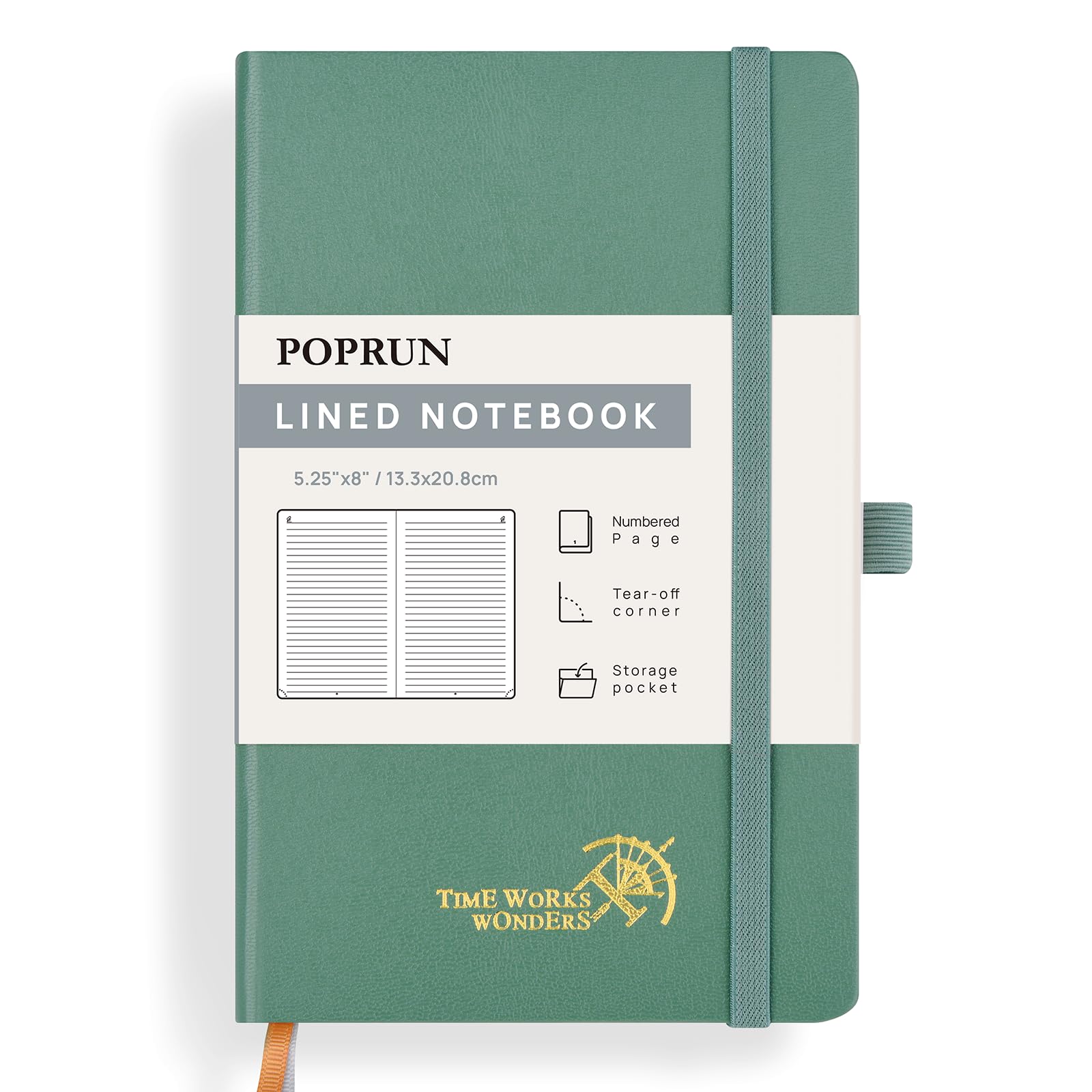 POPORUN Notebook A5 Lined 120 GSM Paper for Women and Men, 128 Numbered Pages, Hardcover with Self-Adhesive Tabs and 8 Tear-off Sheets - MGN (Midnight Green)