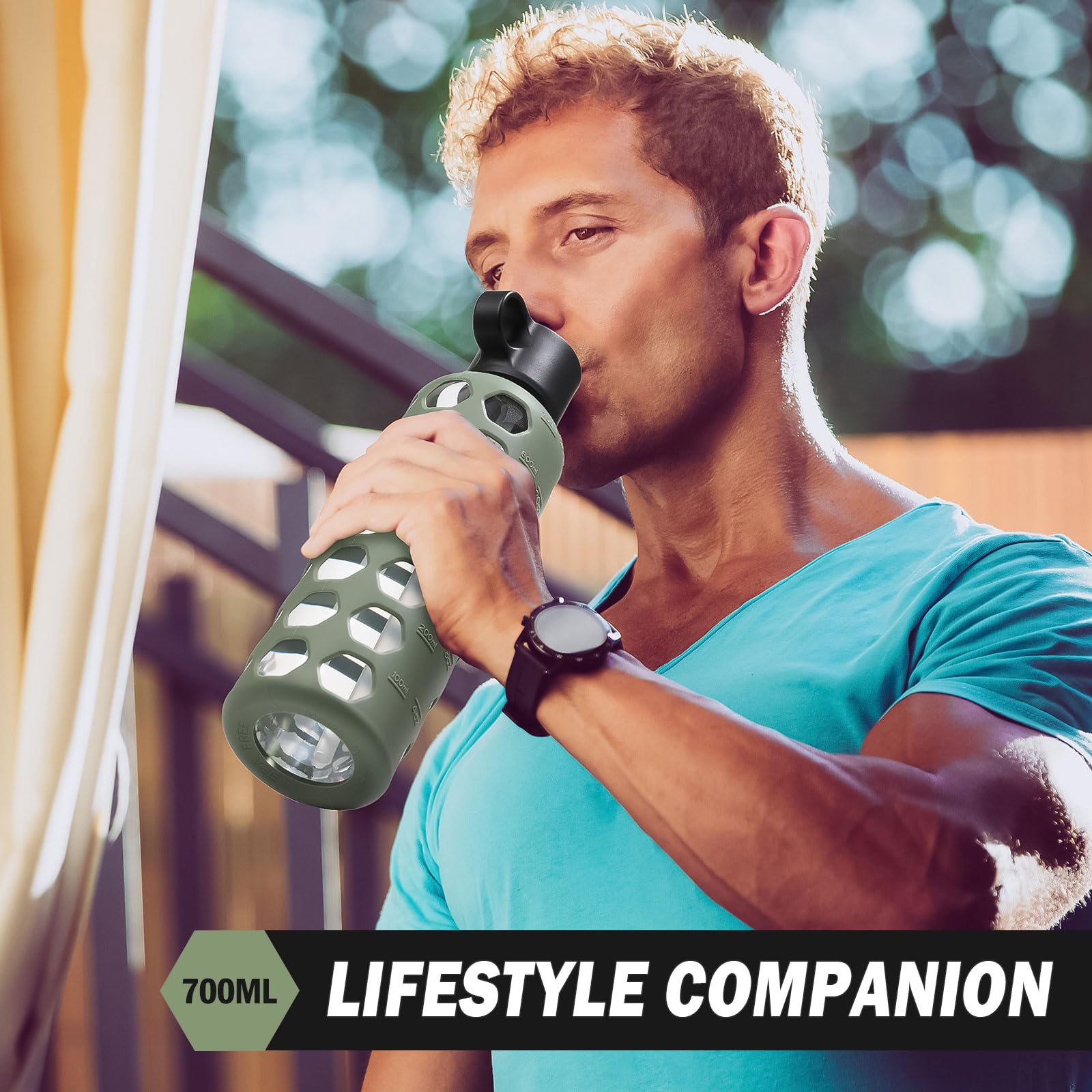 BLUEGO Borracce in vetro, 700ml Bicchiere in vetro, Bottiglie per bere con 2 coperchi, Bottiglia per l'acqua sportiva con custodia in silicone, A prova di perdite, Oliva