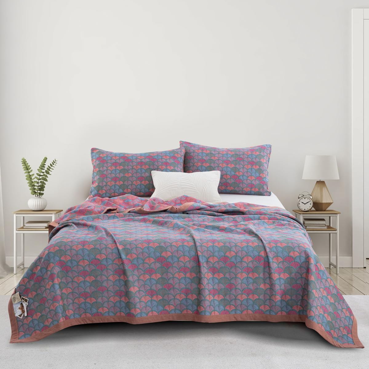 Purefair 100% Cotton Muslin Blanket Jacquard Purple Mermaid Fish Scales Print Quilt, Soft Bed Cover 3 Layers Lightweight Breathable Gauzy Reversible