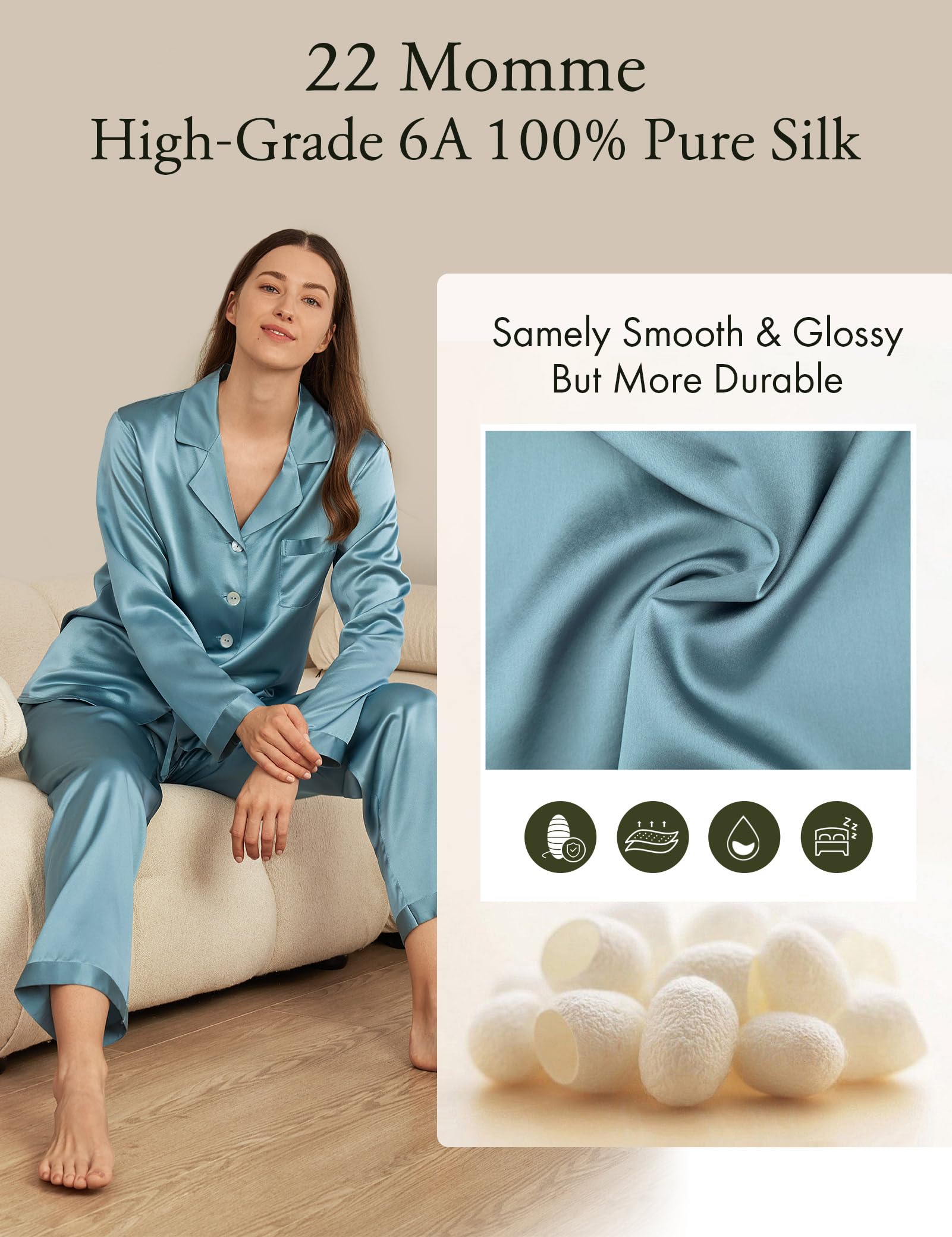LilySilk Damen 100% Reiner Seide Pyjama-Set Frauen Luxus Langarm-Oberteil mit Knopfleiste und elastischer Unterteil-Loungewear-Schlafanzug