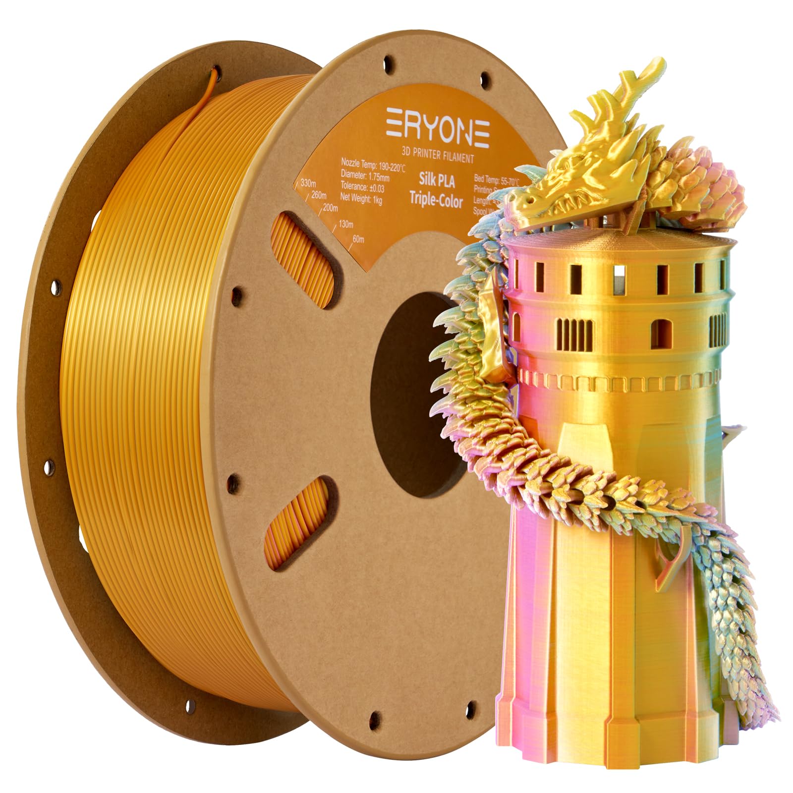 ERYONE Silk Tri Color PLA Filament 3D Printer 1.75mm +/- 0.03mm, Multicolor Filament Tricolor PLA 1KG(2.2lbs) Cardboard Spool, Turquosie&amp;Reddish Orange&amp;Gold