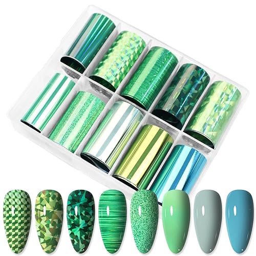 JERCLITY 10 Rolls Green Nail Foil Transfer Sticker Kit St.