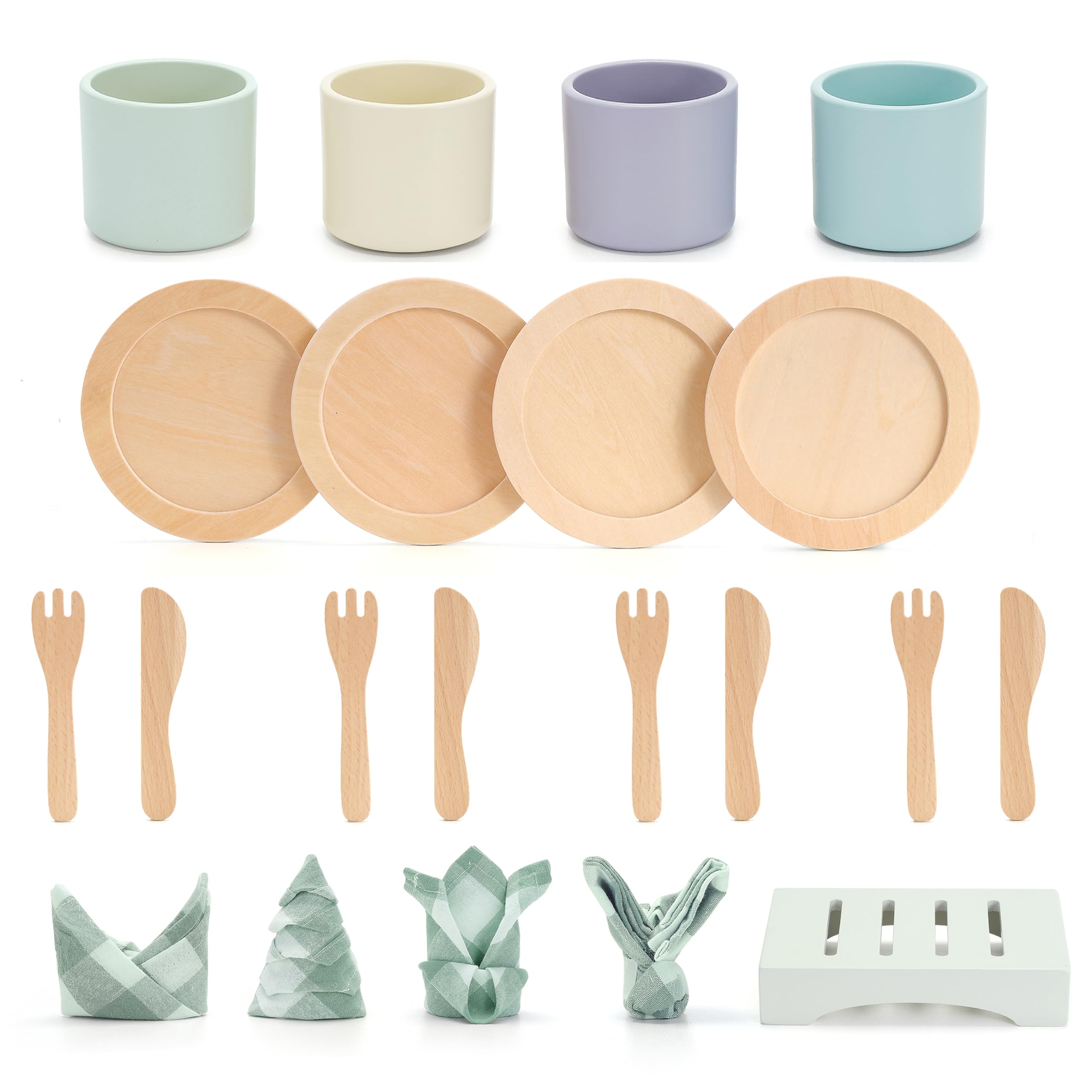 Vaisselle Jouet En Bois Pour Enfants - 21 Pièces (Assiettes, Couverts, Sets) - Jeu D'imitation