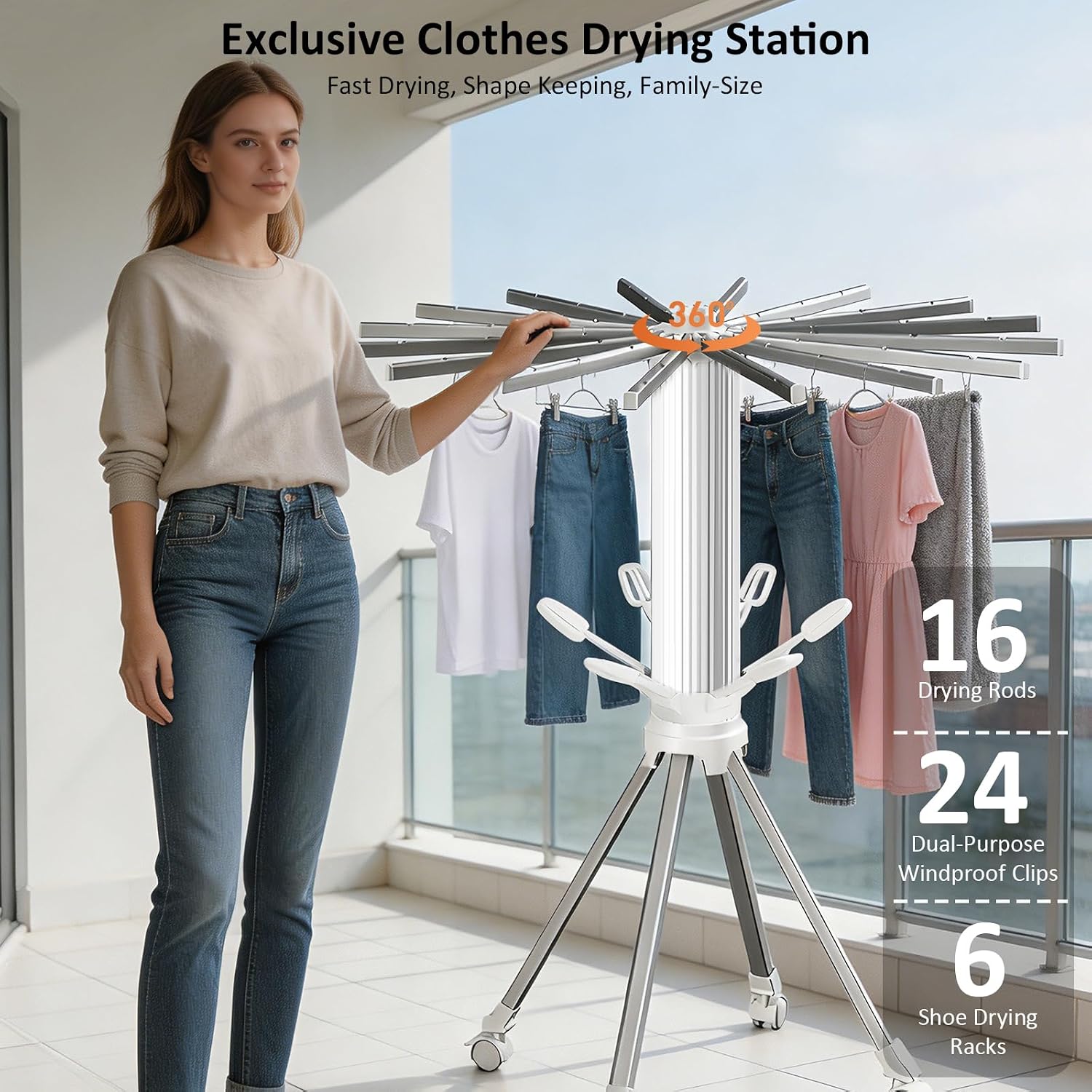 Foldable Carbon Steel Laundry Rack with 6 Shoe Holders 24 Clothespins, Space-Saving Tripod Clothes Drying Rack with 4 Legged Base, Portable Indoor Garment Drying Stand for Apartment, Balcony