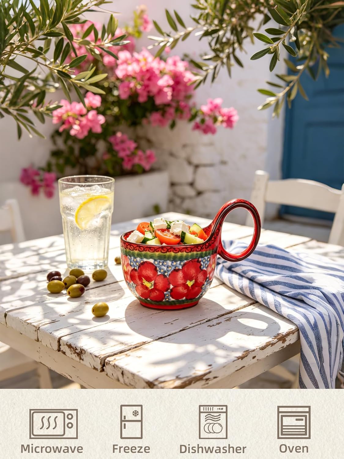 silesia Handmade Ceramic Soup Bowl with Loop Handle, Hand Painted Floral Cereal Bowl, Artisanal Soup Mug for Chili, Stew, Oatmeal, Microwave Safe, Glazed Red
