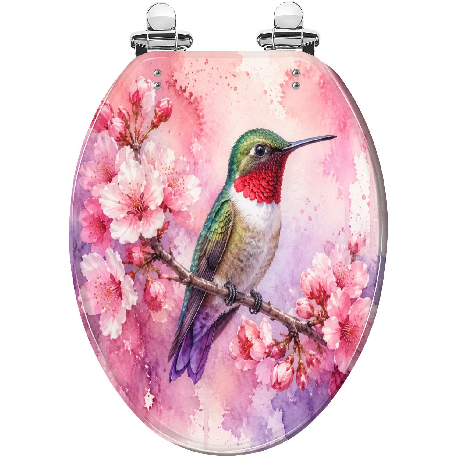 Asiento de inodoro decorativo alargado de resina con cierre suave y liberación rápida, diseño de flores de cerezo en acuarela, fácil de limpiar e instalar.