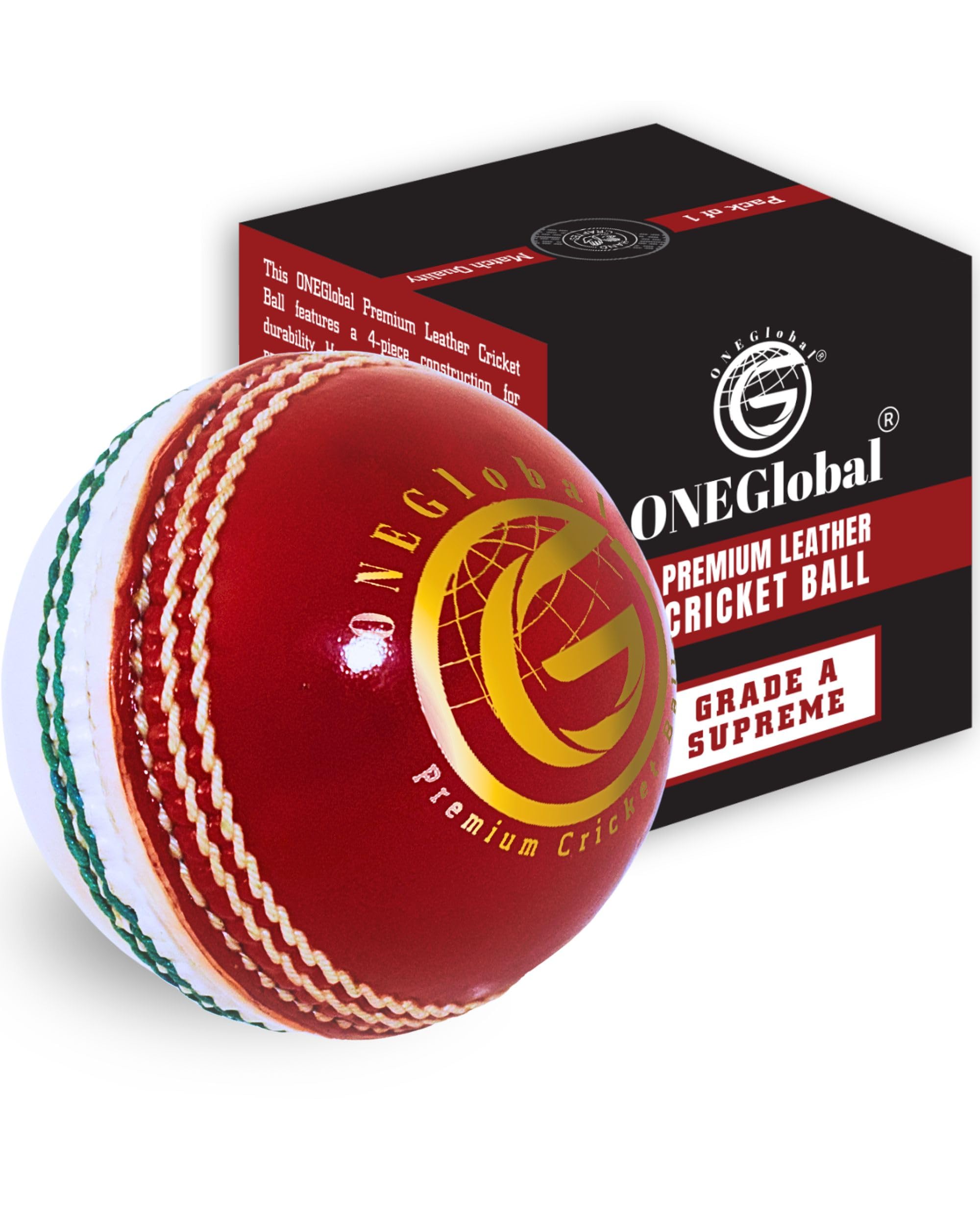 ONEGlobal Supreme Genuine Leather Cricket Ball | Leather Ball with Handstitched Seam | Match Quality Hard Balls for Club & League Matches (5.5oz Seniors, 1-Red&White)