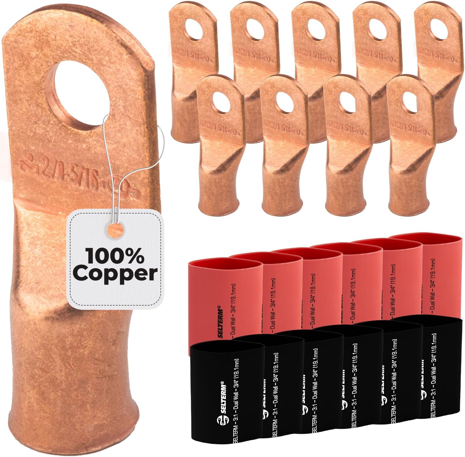 SELTERM 10pcs - 2/0 Awg - 5/16" Stud - Battery Lugs - Ring Terminal Connectors | with 12pcs 3:1 Black & Red Heat Shrink Tubing with Adhesive | Heavy Duty Battery Cable Ends - Bare Copper Wire Lugs Kit