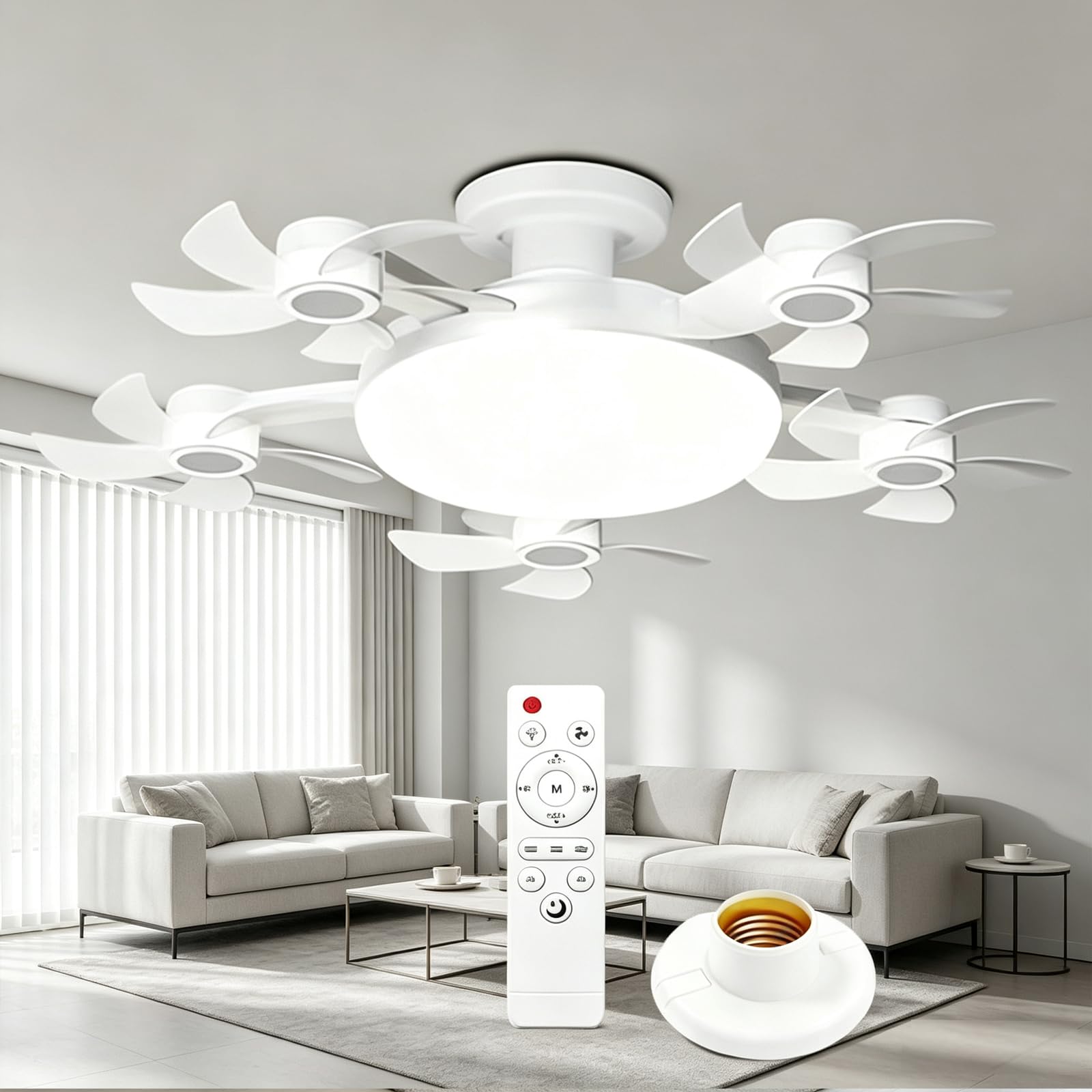 ANBTUKJ Ceiling Fan Light with Remote 4-Head Fan Lamp, 60W 50cm E27 Socket 3 Speeds Dimmable Quiet Timer, for Bedroom Living Room