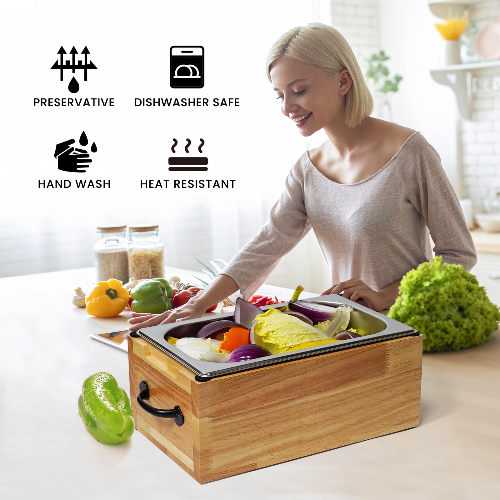 Composteur Cuisine en Bois, Poubelle Compost Cuisine avec Couvercle, Passe au Lave-Vaisselle, Seau Compost Cuisine pour Déchets Organiques, Bac à Compost Anti Odeur