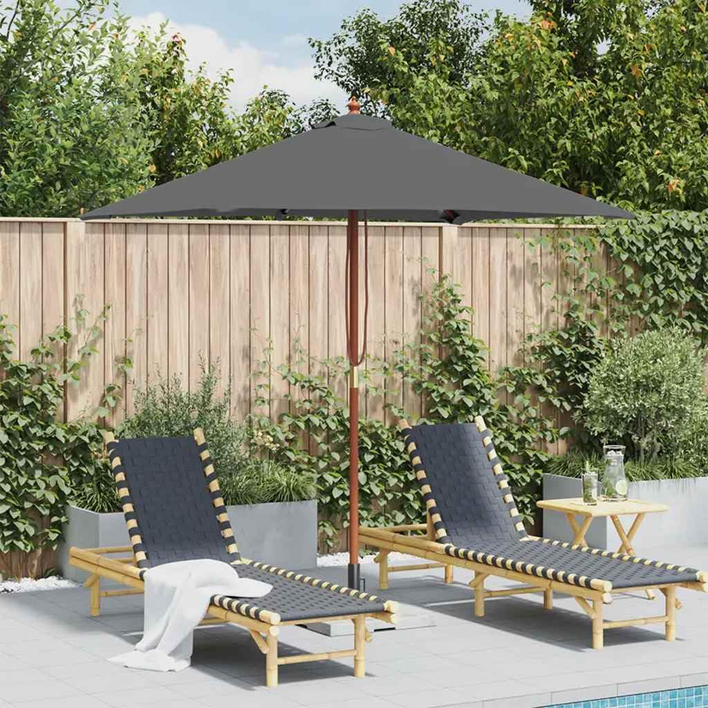 Ombrellone con palo in legno, nero, 150 x 200 cm, elegante ombrellone da giardino in legno con sistema a fune, stabile, rettangolare, per balcone e giardino