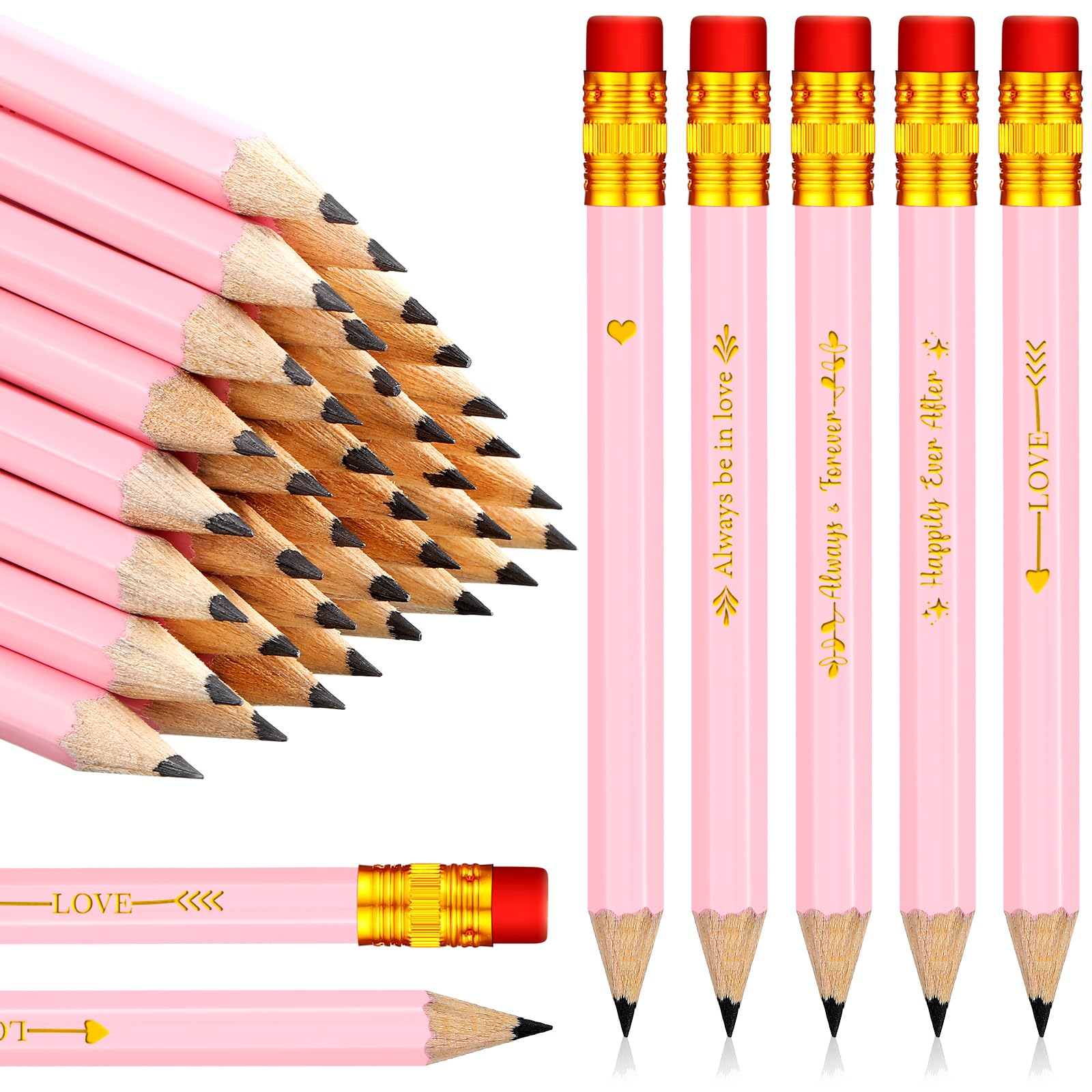 Crtiin 50 lápices de boda para despedida de soltera, medio lápices con borrador, mini lápices de golf, bolsillo corto de 4 pulgadas, lápiz preafilado para regalos de boda, aula, escuela (rosa)