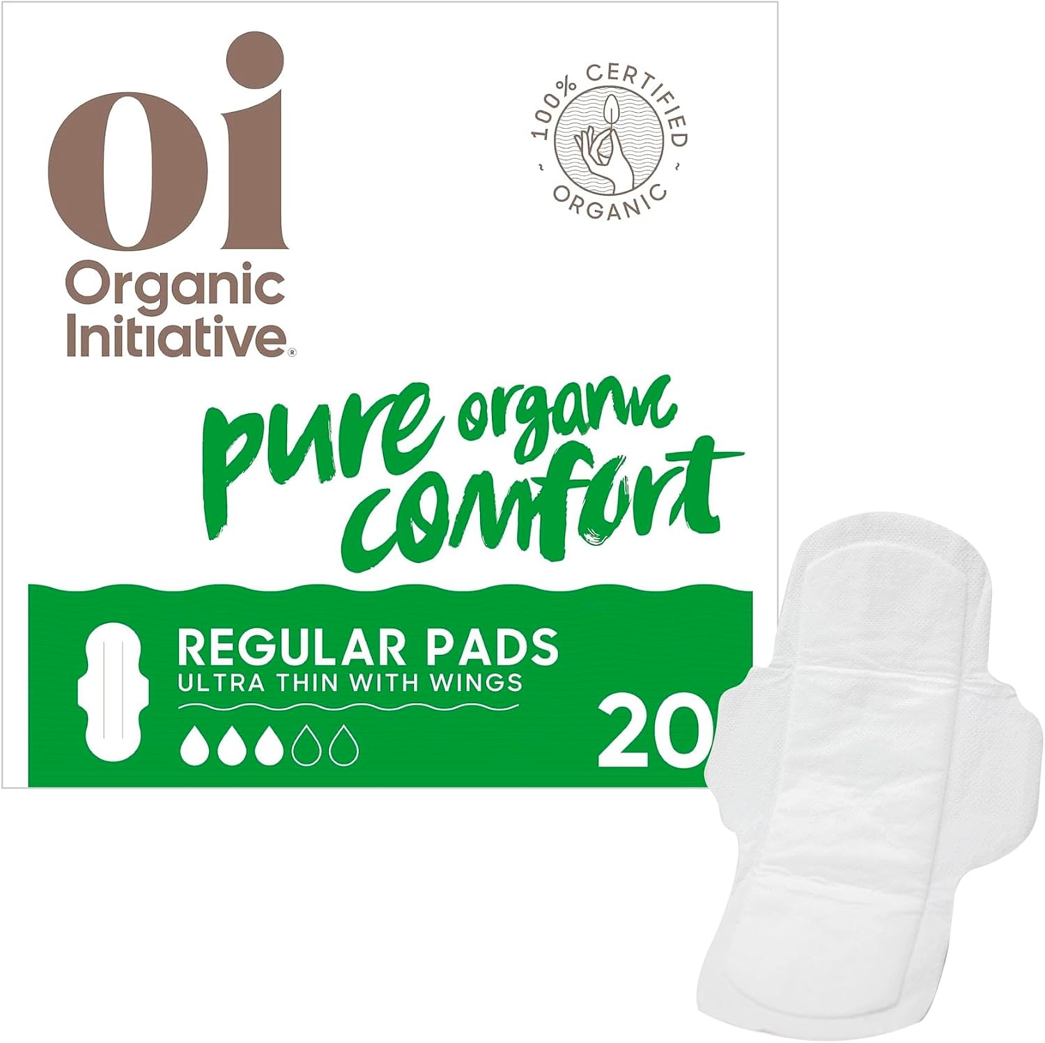 oi Ultra Thin Period Pads with Wings, 100% Organic Cotton, 20 Count
