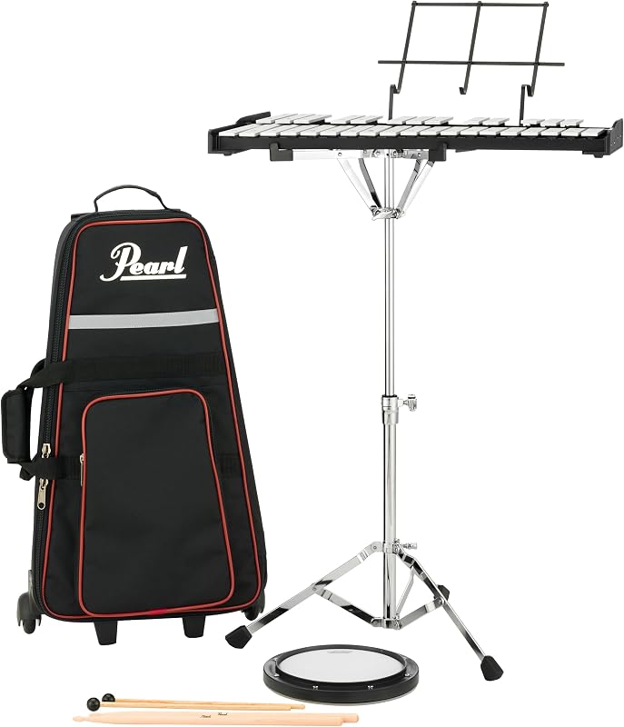 Pearl 32 Note Glockenspiel Bell Kit Kit de percusión educativa para estudiantes con almohadilla de práctica sintonizable, estuche de transporte con ruedas, palos y mazos (PK910C)