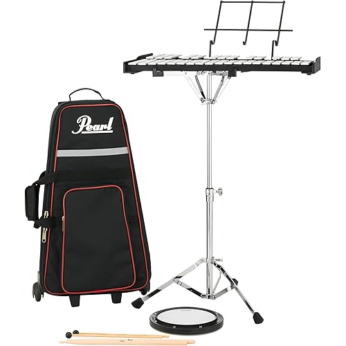 Pearl 32 Note Glockenspiel Bell Kit Student Educational Percussion Kit with Tunable Practice Pad, Rolling Carrying Case, Sticks and Mallets (PK910C)