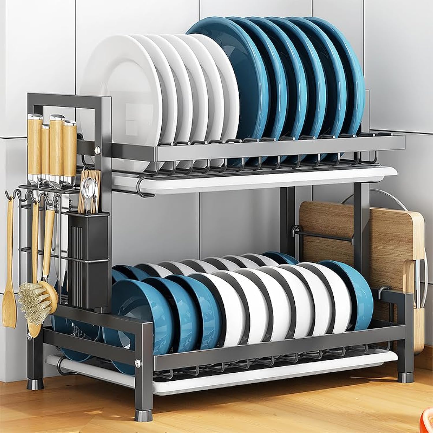 Paratoland Heavy Duty Dish Drying Rack - 2 Ties Dish Racks for Kitchen Counter - Space Saving Dish Rack for with Utensil Holder