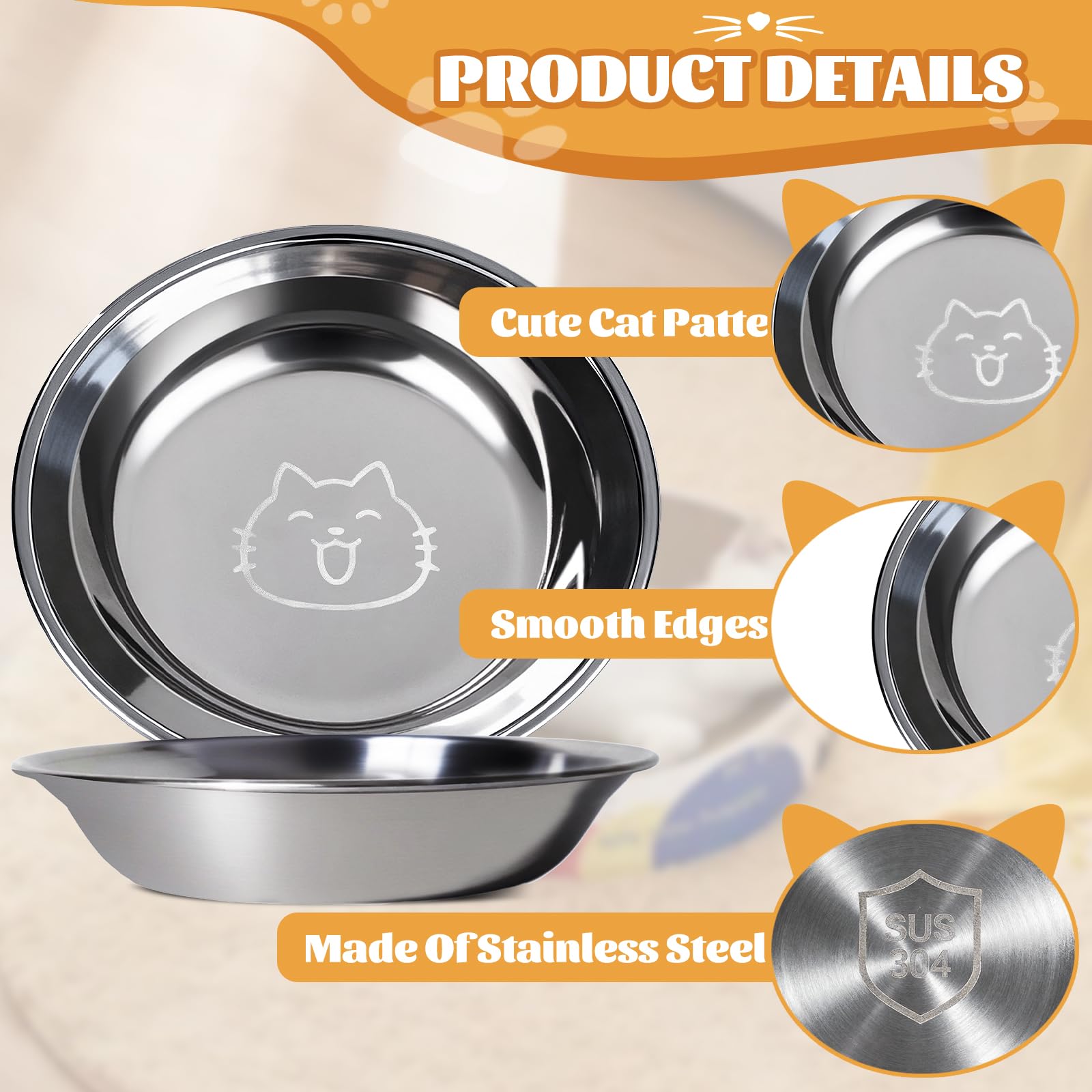 6 Piezas Cuenco para Gato Inoxidable 304, Cuenco Plano para Gatos Aliviar La Fatiga de Los Bigotes, para Alimentación de Cachorros Gatos 14,5 × 3 cm