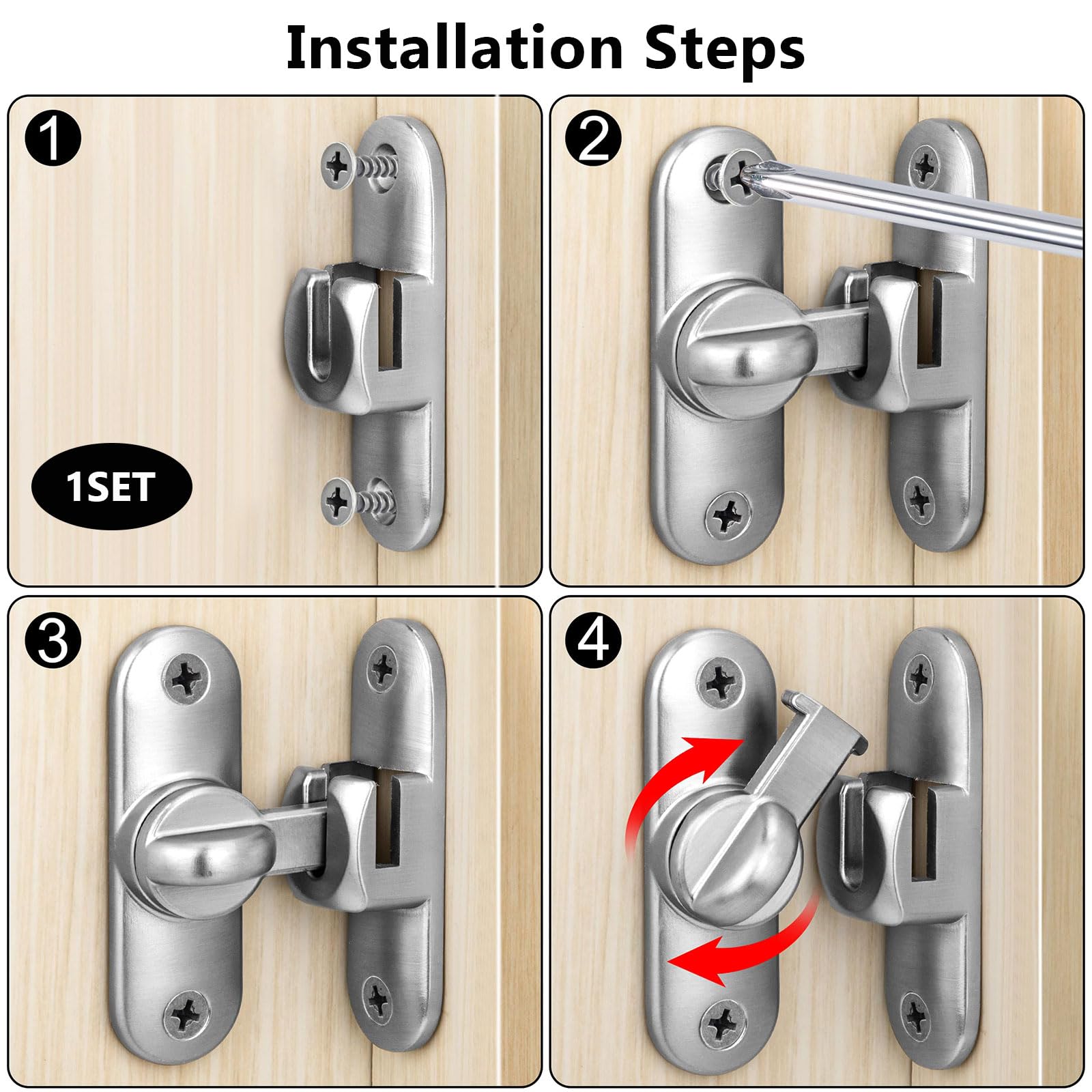 Degree Flip Barn Door Lock 90 Degree Door Lock Sliding Barn Hardware Security Door Latch Zinc Alloy Doors Lock Latch for 90 and 180 for Pet,Bathroom (Silver) - Image 3