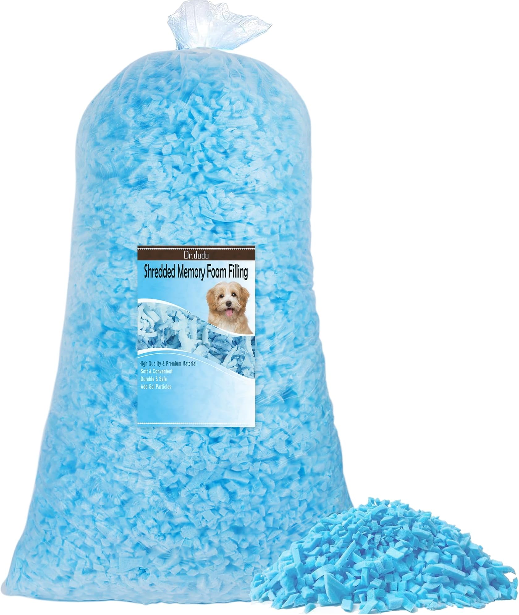 DR.DUDU 5lbs Shredded Memory Foam Filling for Bean Bag Filler, Soft and Convenient Pillow Stuffing Foam for Couch Cushion Dog Bed Chair Arts Crafts, Added Gel Particles (Blue)