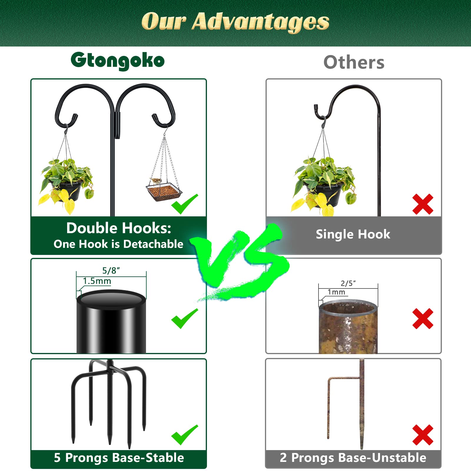 Gtongoko 92 Inch 2 Pack Adjustable Double Shepherd Hook for Outdoor