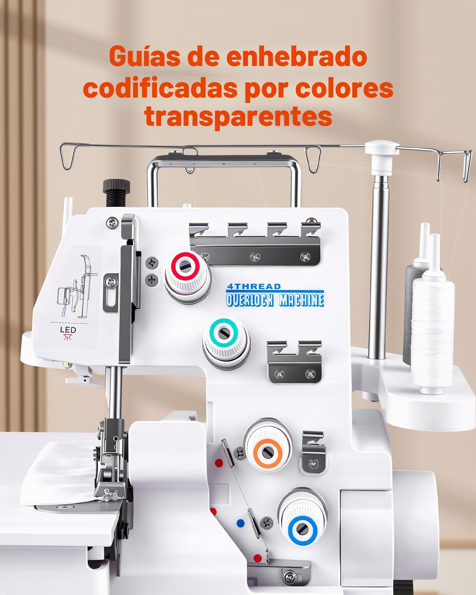 VEVOR Máquina de Coser Overlock, 1250 Puntadas por Minuto, Compatible con 3 y 4 Hilos, con Luz LED y Pies de Succión Fuertes, con Marco de Metal para Varios Tejidos, Blanco, 260 x 270 x 270 mm