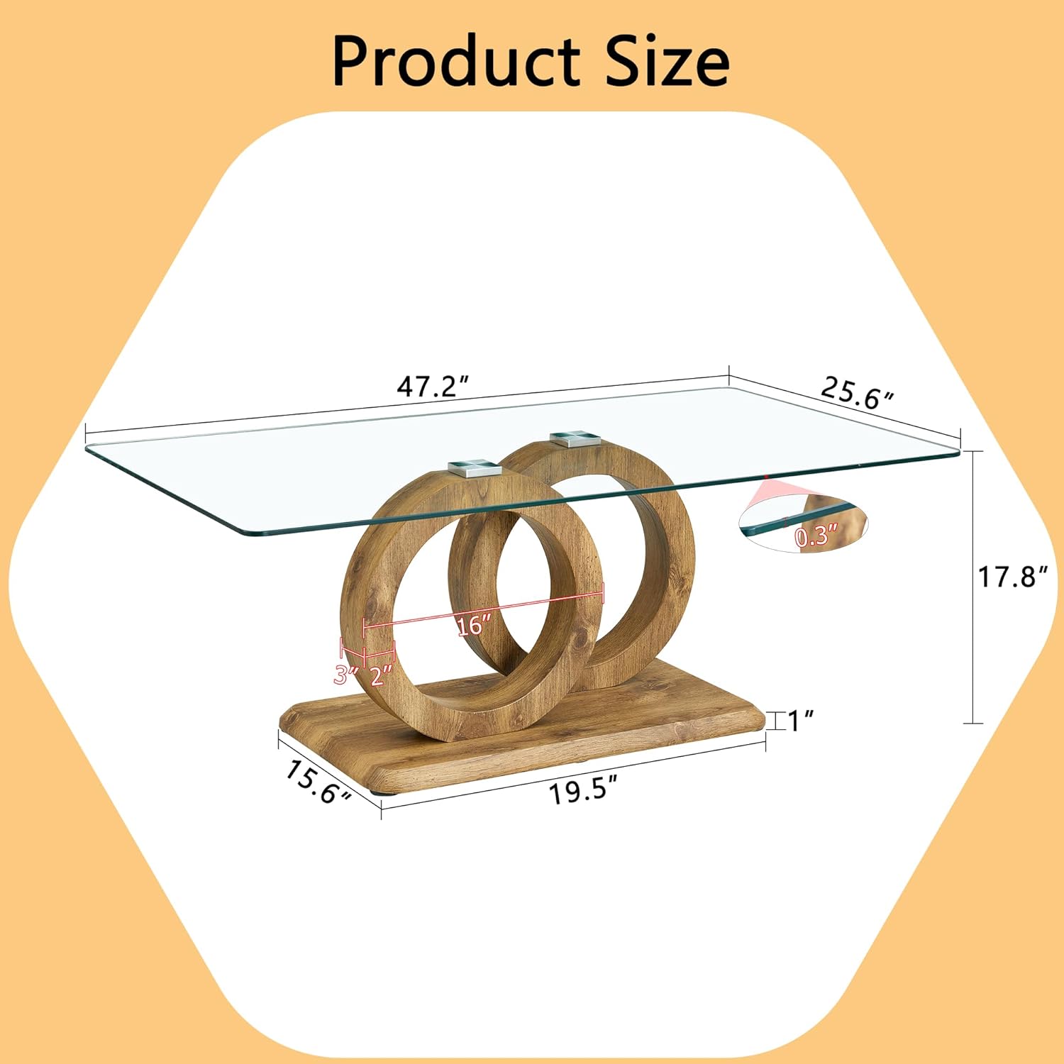 Modern Glass Coffee Table, 47”Rectangular Coffee Table for Living Room, Clear Center Table with Tempered Glass Top and Wood Finish Base