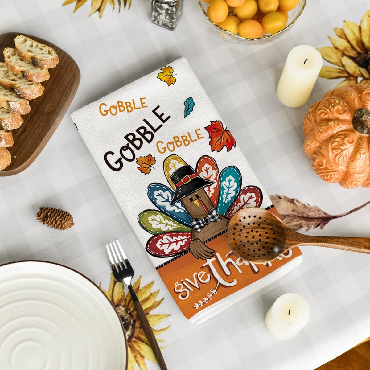 Artoid Mode Turkey Gobble Thanksgiving Kitchen Towels Dish Towels, 18x26 Inch Fall Greatful Truck Pumpkin Decoration Hand Towels Set of 4 - Image 4